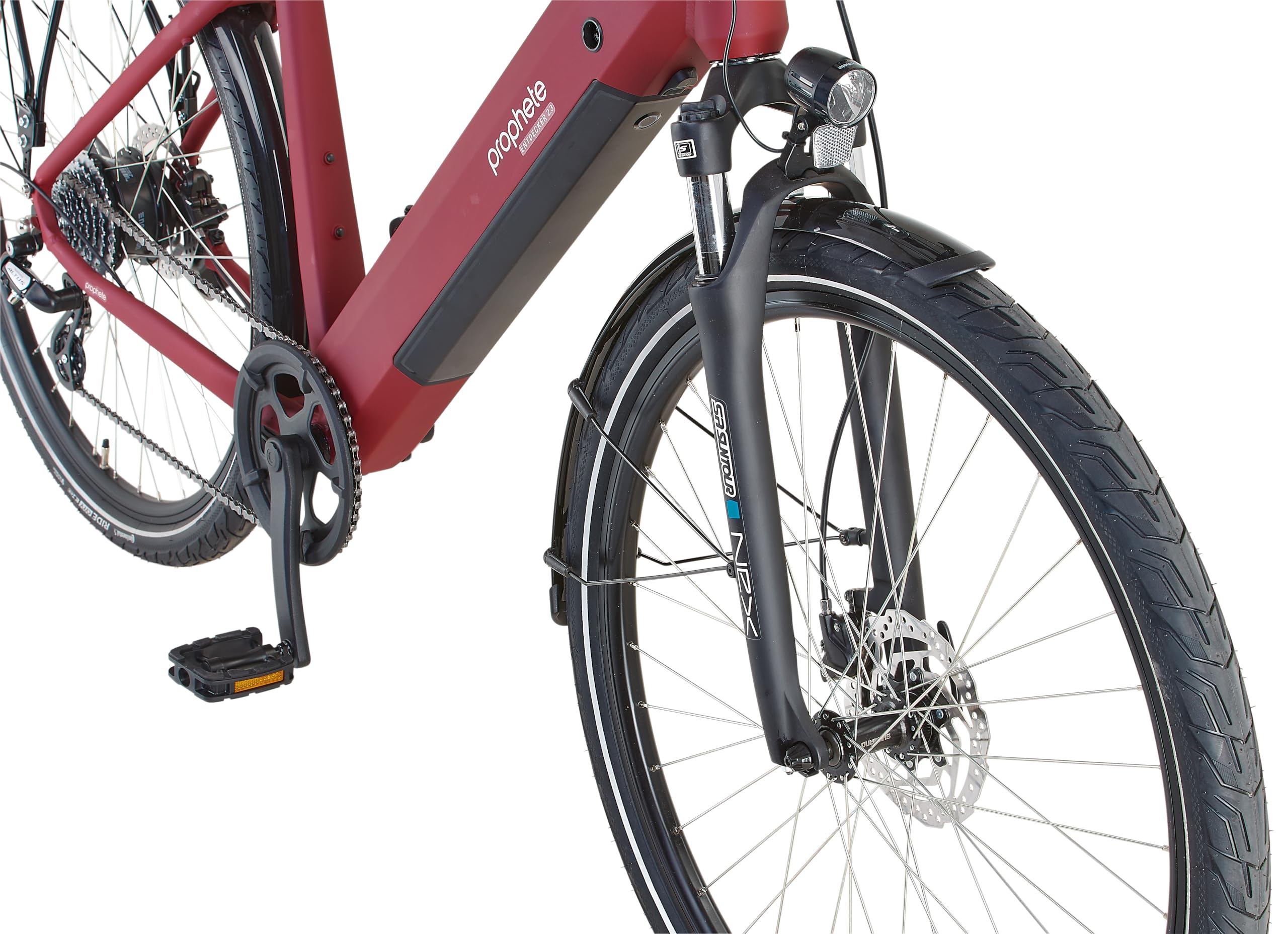PROPHETE ENTDECKER 2.3 E-Bike, 28" Trapezrahmen 50 cm, Heckmotor 250 W/40 Nm, 8-Gang Kettenschaltung, LCD-Display, 360 Wh Akku, bis 100 km Reichweite, Bordeaux matt