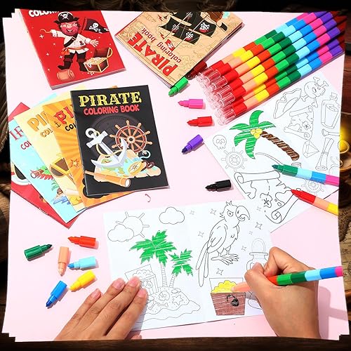 Miniatura 4 de Funrous 24 libros para colorear pirata a granel con 24 crayones apilables náuticos para fiestas, juego de cráneo, barco pirata, libro para colorear,
