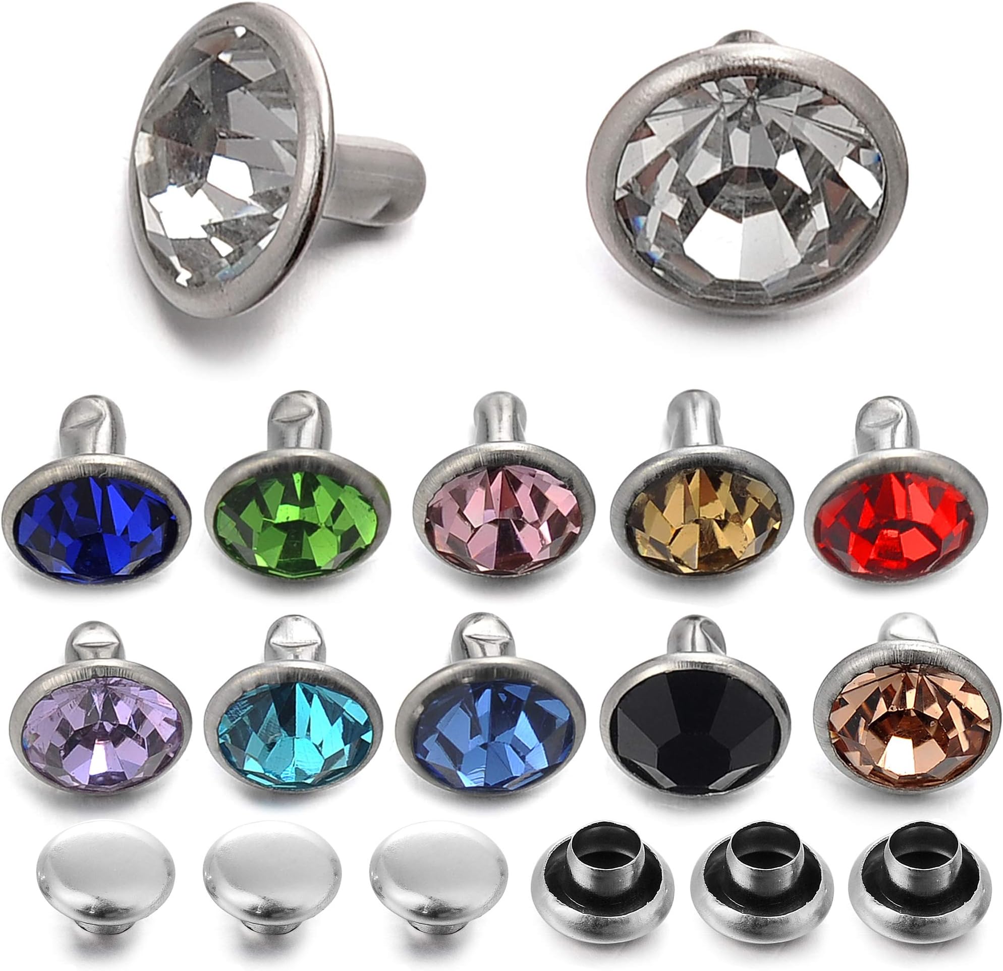 100 Sets 8MM Mixed Colors Cz Crystal Rivets Rhinestone Rivets Studs Rapid Rivets Silver Color Spots Studs for Leather Craft DIY Making