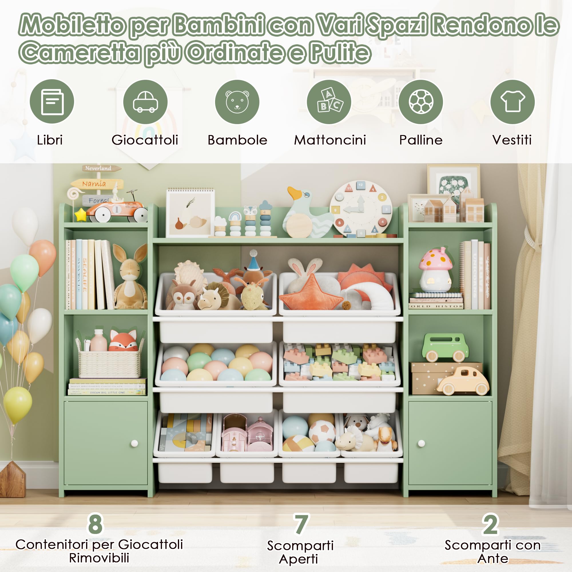 FOREHILL Scaffale per Giocattoli con 8 Contenitori Rimovibili in Plastica,Organizzatore Libreria per Bambini con Mensola Aperti, per Camera dei Giochi, 138.8 x94.3x29.6cm (Verde)