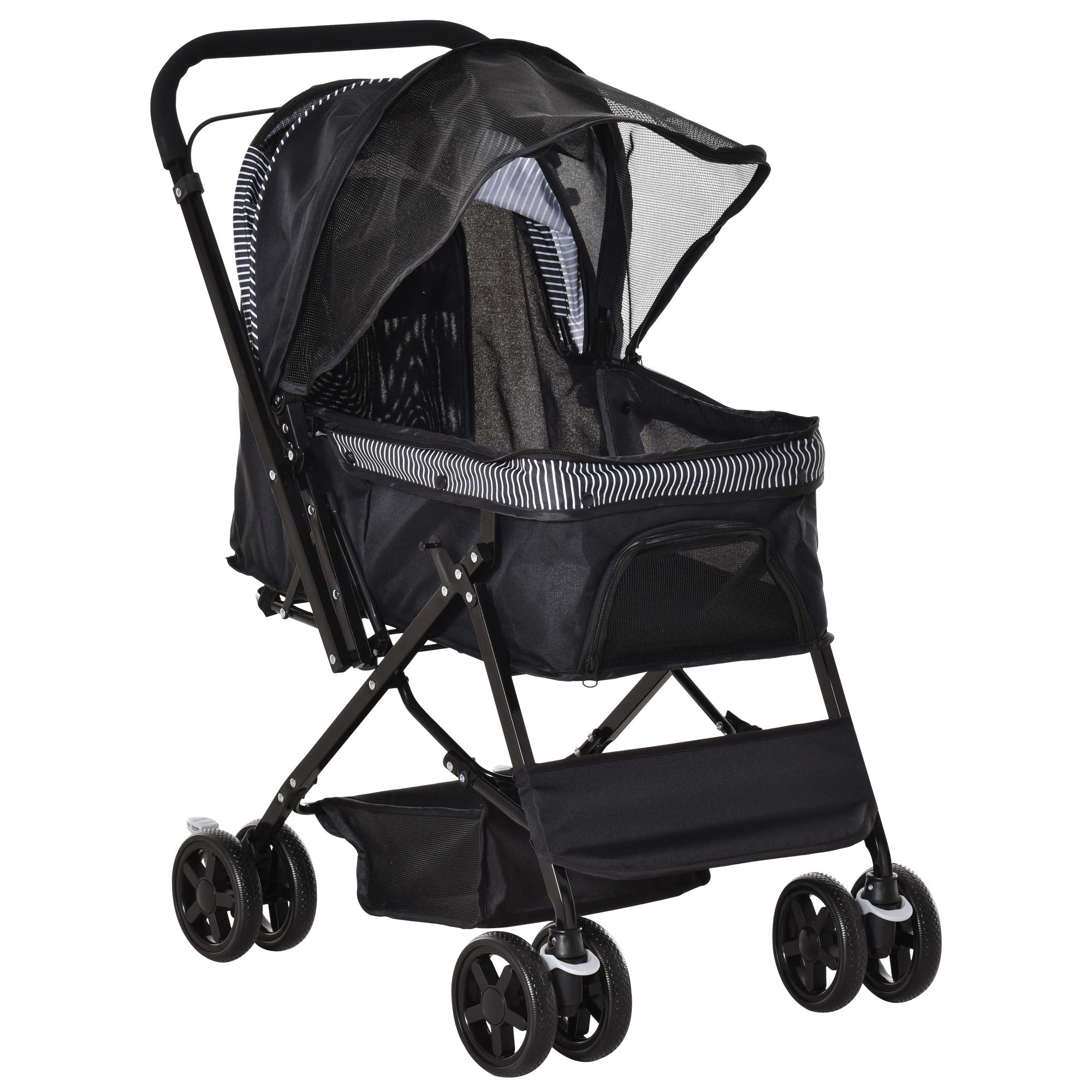 PawHut Passeggino per Cani Piccoli Pieghevole con Maniglione Girevole Ruote con Freni in EVA, Passeggino Cane con Cestino Portaoggetti, 76.5x52x95cm, Nero
