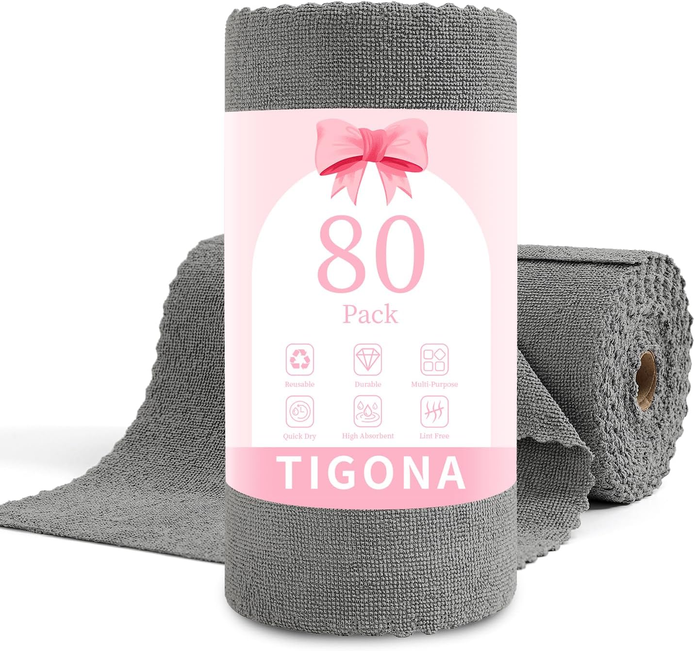 80 Pack Microfiber Cleaning Cloth Roll,Lint Free Rags & Tear Away Reusable Towels Washable Scratch,Ultra Absorbent Dish Rags(12" x 12") for Car Kitchen Home Garage-Dark Gray