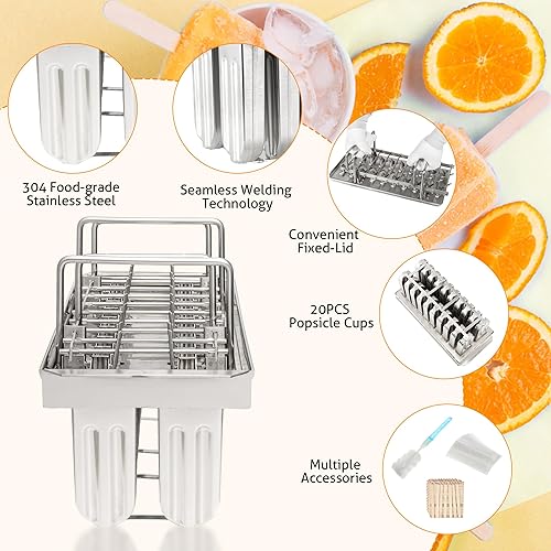 Miniatura 2 de WICHEMI Moldes de acero inoxidable para paletas de hielo, 20 moldes de metal para paletas de hielo, molde para hacer helados, soporte para palitos