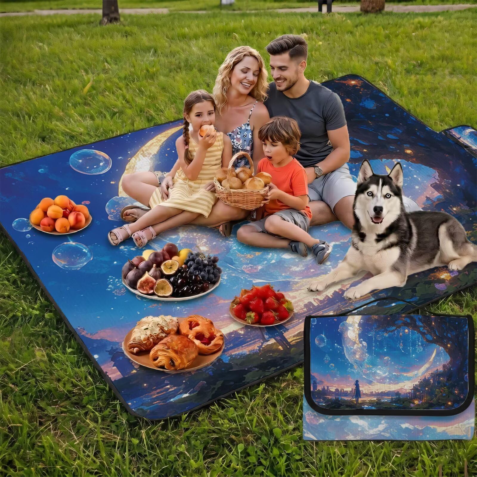 Coperta de Picnic Grande 200x200 cm,L'albero della vita Manta Picnic Impermeable Anti-Sabbia Manta de Playa Pieghevole,Outdoor Picnic Blanket per Spiaggia,Camping,Giardino,Trekking - la luna (2) FZ-31