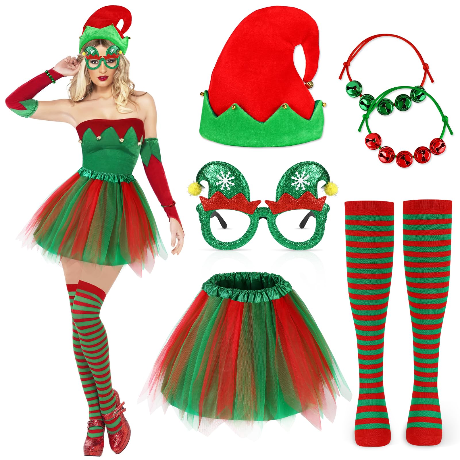 Beipegin Elf Costume Women Elf Hat Tutu Skirt Elf Hat Christmas Glasses Striped Stockings Elf Outfit Santa Claus Costume Christmas Outfits for Women