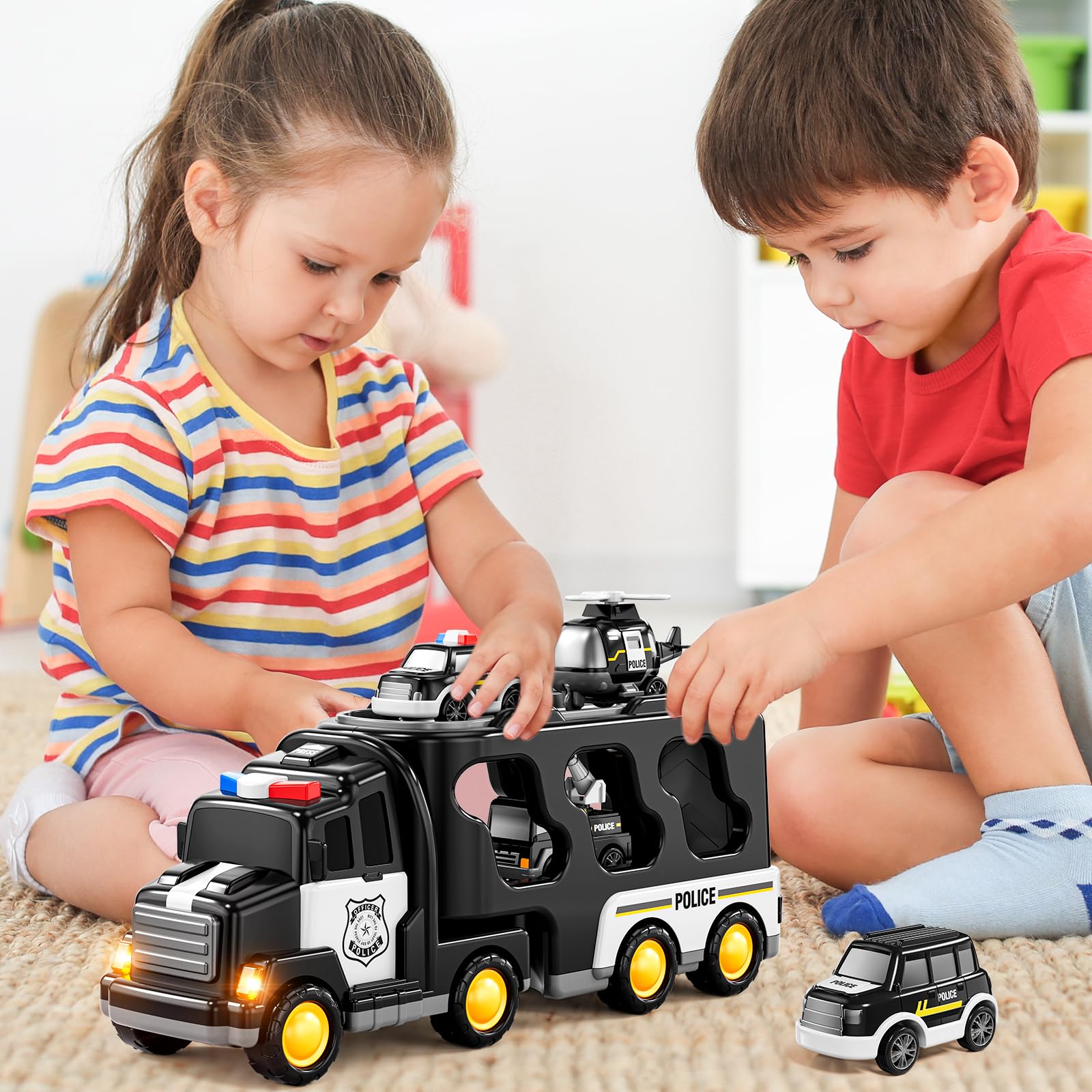 JUKUDAHU Polizei-LKW-Spielzeug-Set für Jungen 3-9 Jahre | Transportfahrzeug mit 3 kleinen Autos, 1 Hubschrauber, Reibungskraft-getrieben, Für 3-9 Jahre