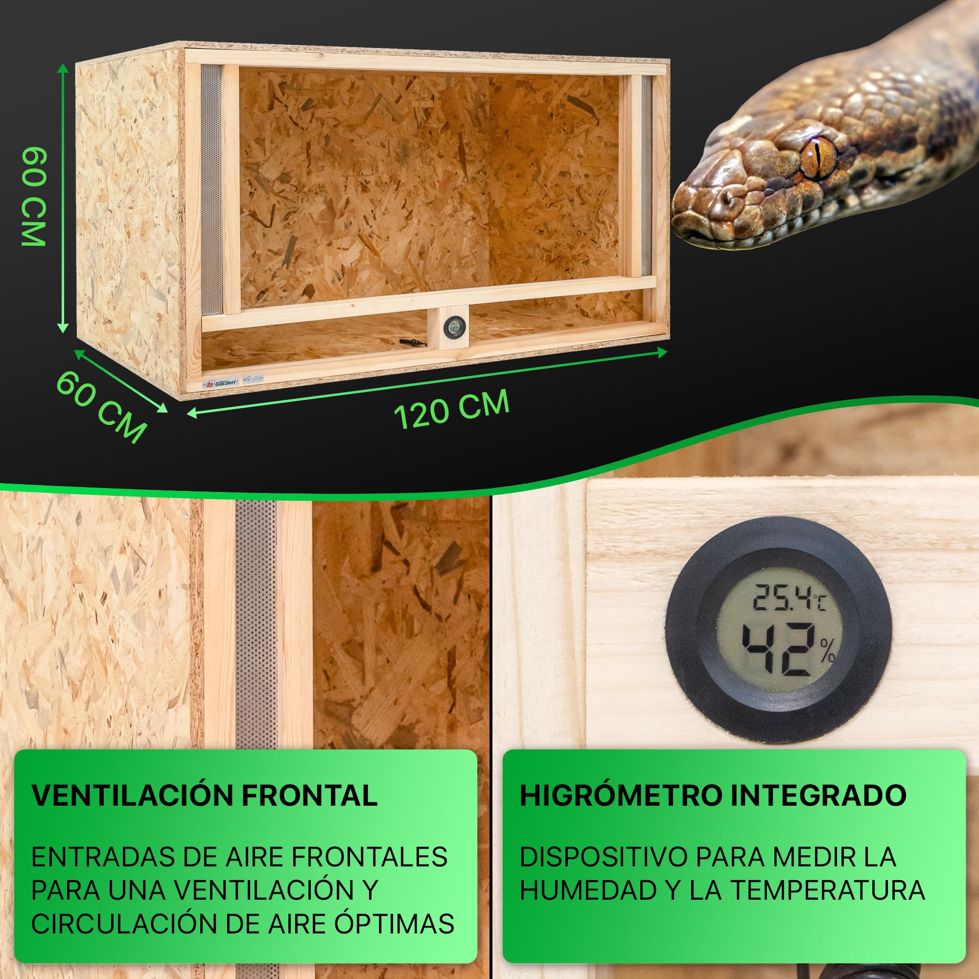 ITA Terrario de Madera 120x60x60 cm con ventilación Frontal e higrómetro Integrado - Terrarios de OSB-3 - para Reptiles, Serpientes, Anfibios - Producto UE, Certificado FSC