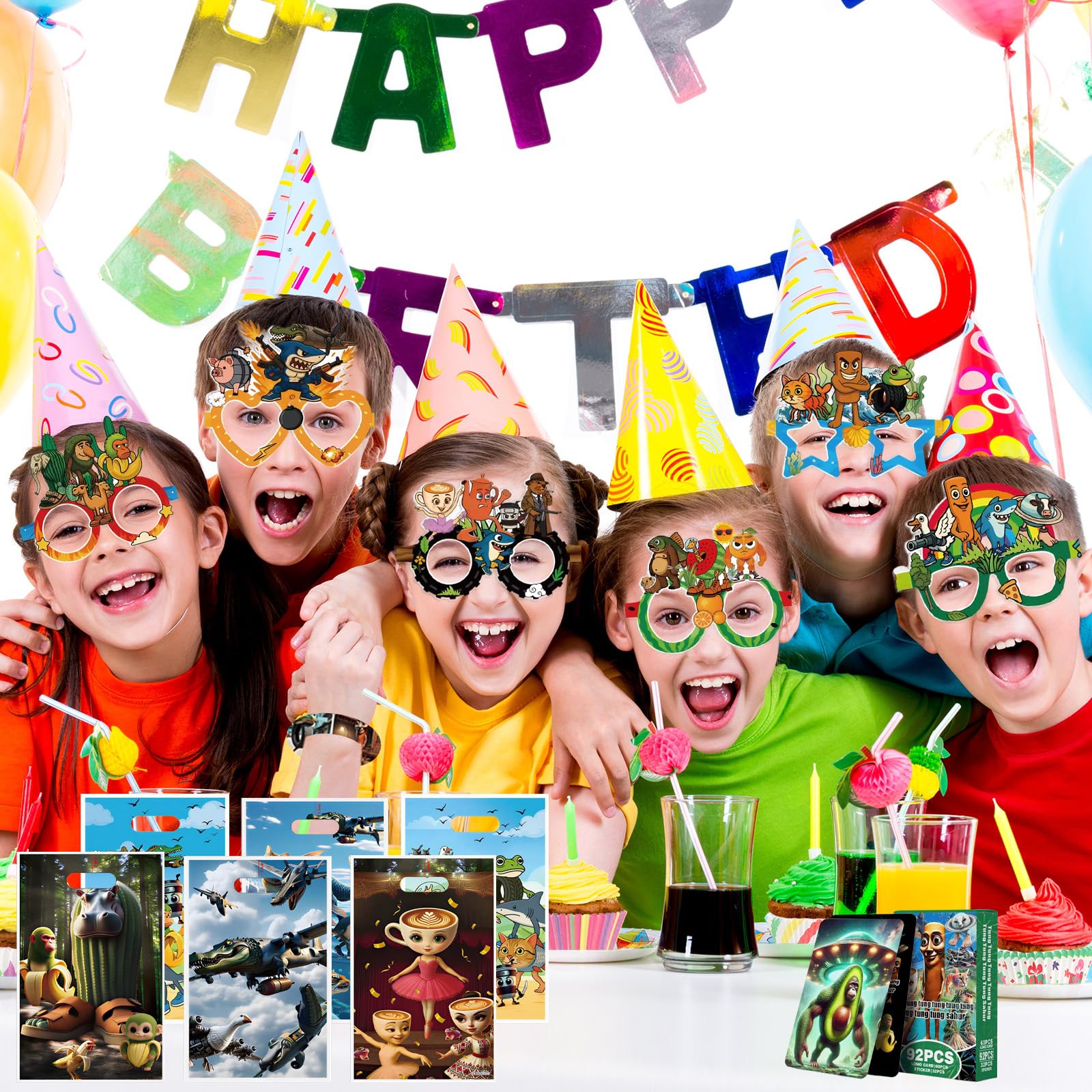 Brainrot - Set di 196 sacchetti per feste italiane, con portachiavi, adesivi, bracciali, tatuaggi, occhiali, carte, sacchetti per regali per bambini e ragazzi