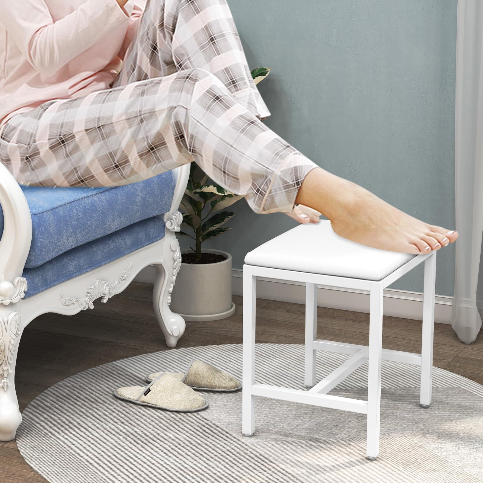 Sgabello da trucco bianco con cuscino, moderno sgabello cosmetico per camera da letto, sgabello imbottito Vanity, poggiapiedi per divano, sedia trucco