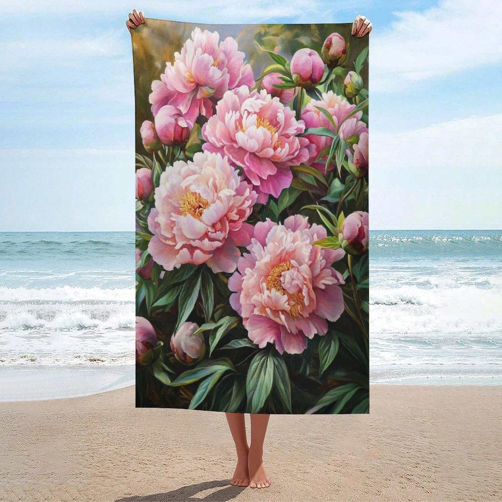 LSRCPD Peony Flowers in Bloom Beach Towel Sand Free Microfiber Large Shower Towels Multipurpose Absorbent for Bathroom Pool 130x80 CM