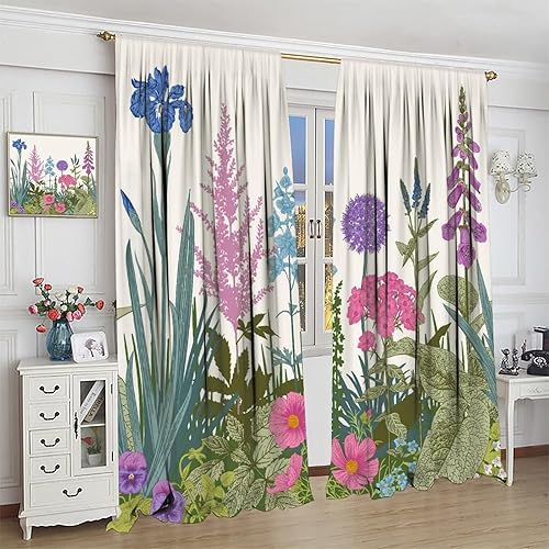 Miniatura 448 de Retro 70s Floral Blackout Window Curtains, Watercolor Flower Plant Rustic Modern Style Pattern Window Drapes, for Bedroom Living Room 42x45in 2