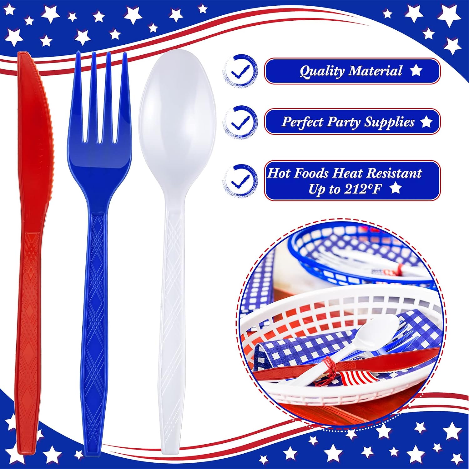 Jutom 300 Pack Patriotic Plastic Cutlery Set, 100 Forks 100 Spoons 100 Knives, Red White Blue Disposable Utensils for 4th of July Party Supplies, Independence Day, Memorial Day, 250th Anniversary