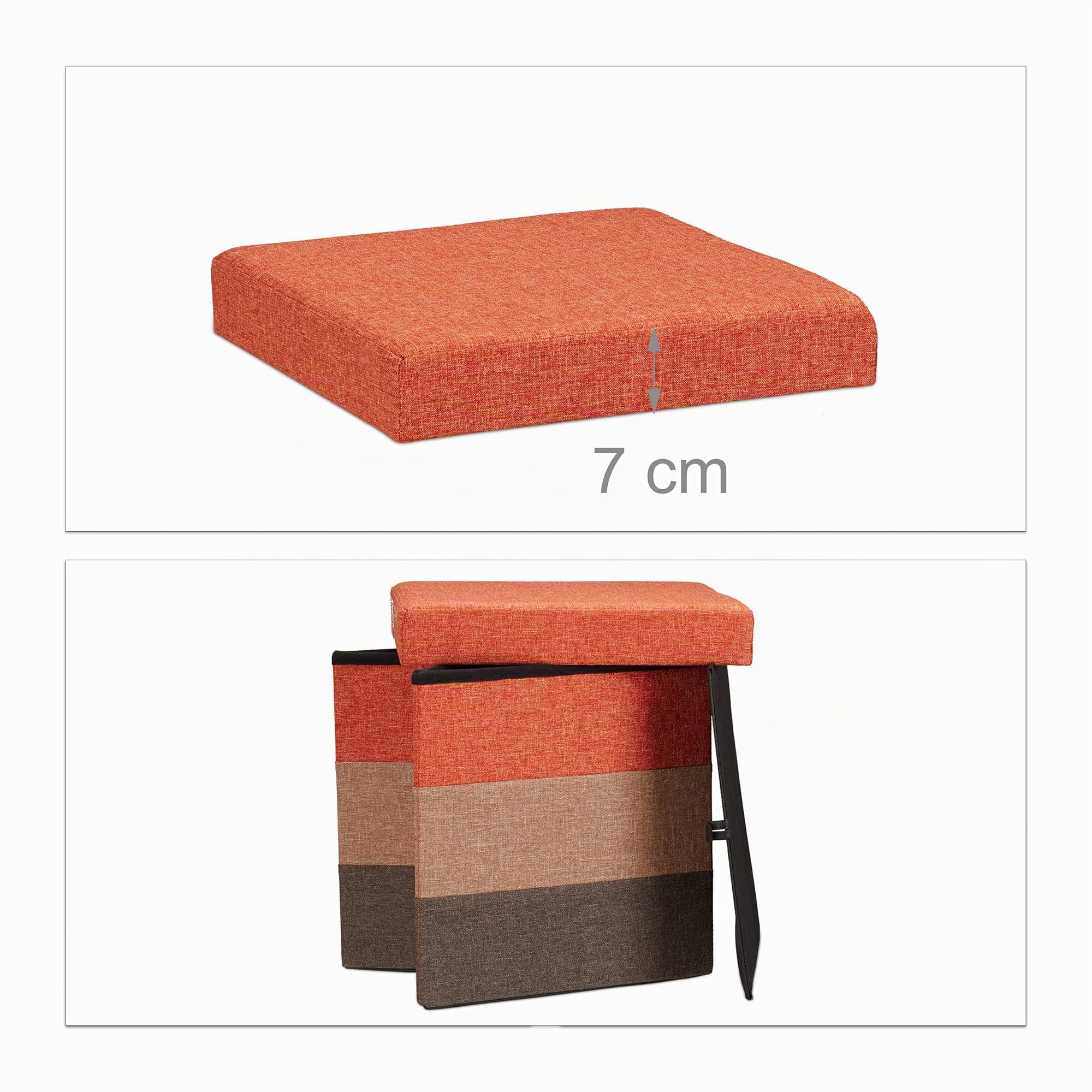Relaxdays Pouf Imbottito con Contenitore, a Strisce, Colorato, Pieghevole, Marrone-Arancione, HxLxP: 38 x 38 x 38 cm