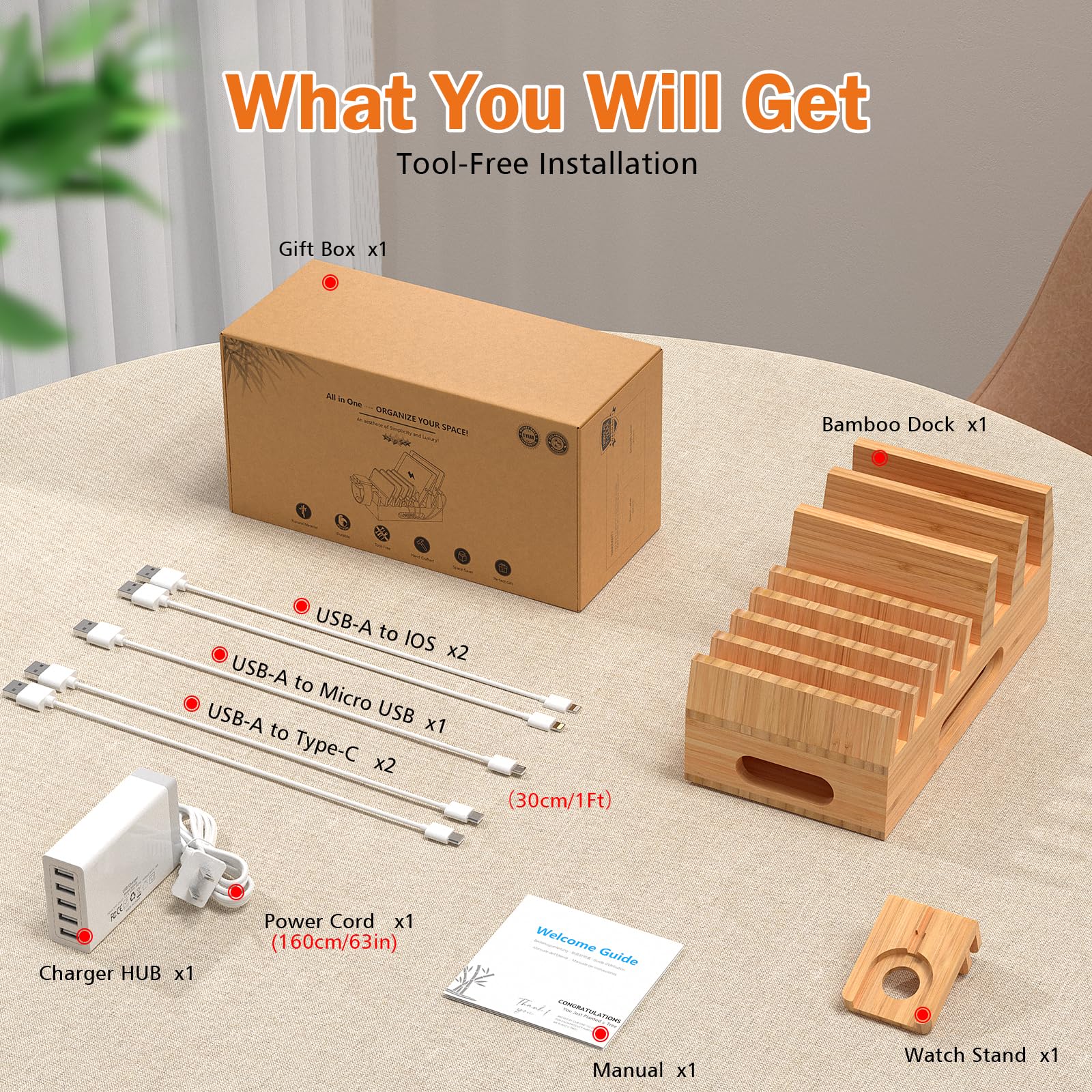 Pezin & Hulin Support de Station de Charge en Bambou avec 5 Ports USB, 5 câbles de Charge, Support de Montre, Support de Station d'accueil en Bois, Organiseur électronique pour Plusieurs appareils,