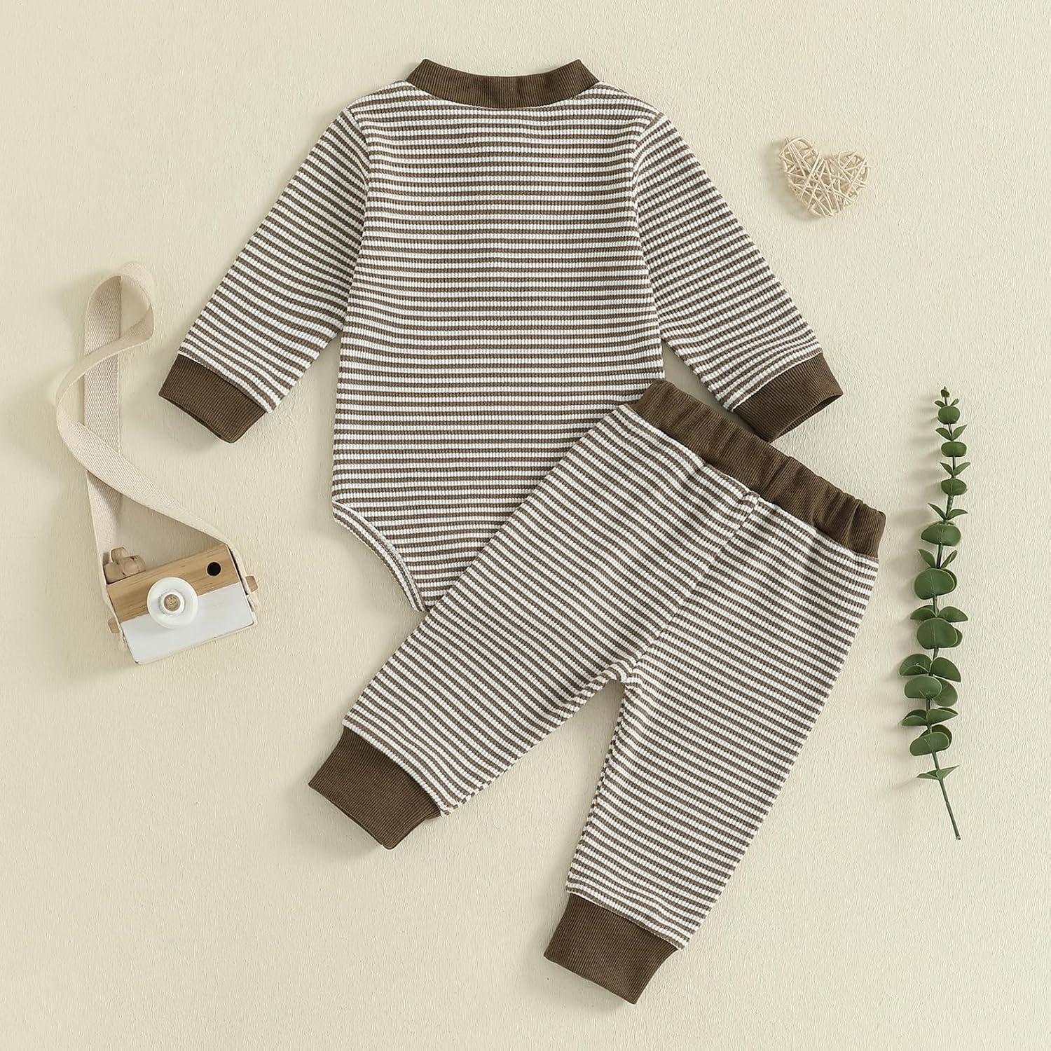 allshope Newborn Baby Boy Fall Outfit Romper Long Sleeve Solid Jumpsuit Bodysuit Elastic Waist Pants Infant Waffle Clothes - Image 7