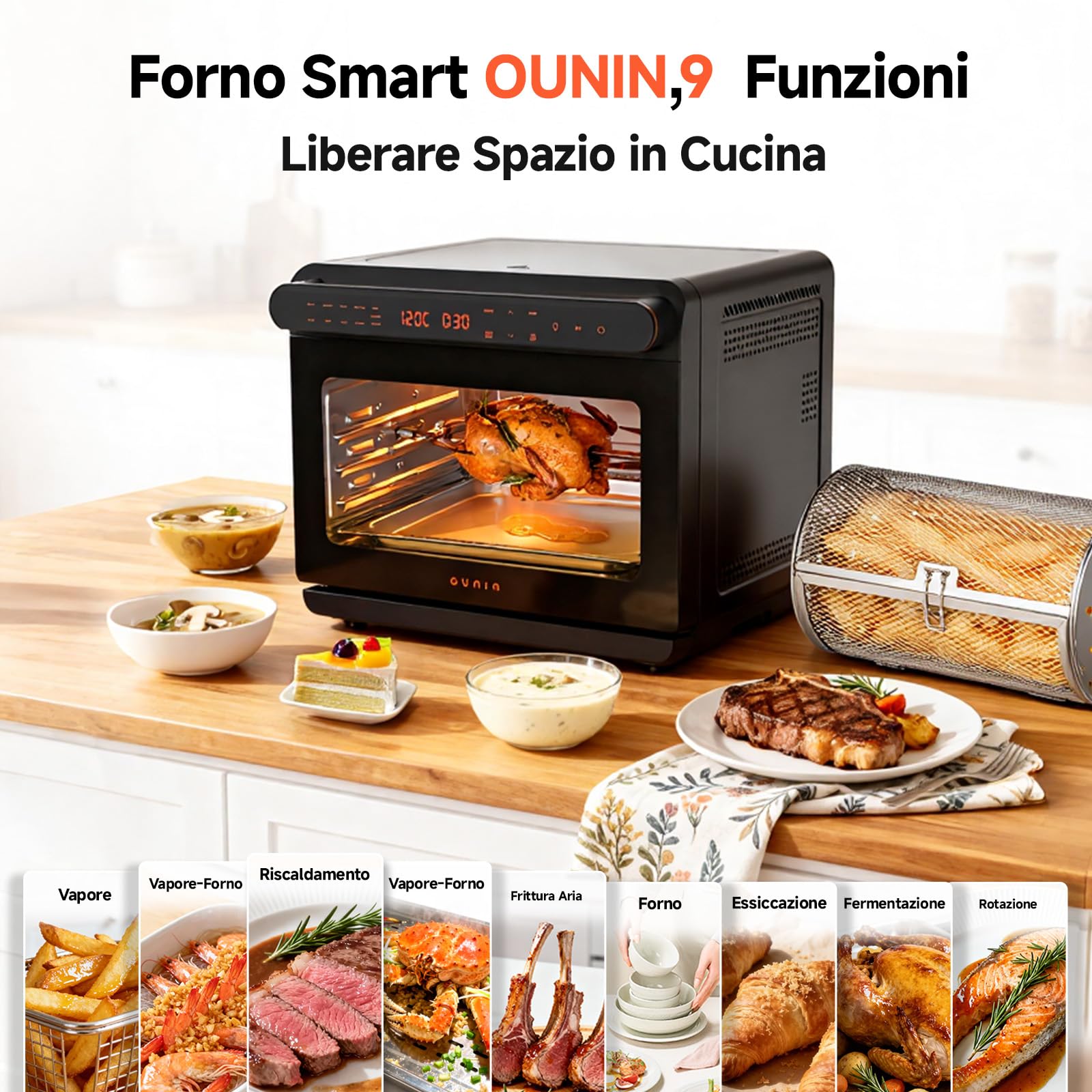 OUNIN 24L Forno Multifunzione, 11 in 1 Forno Pizza e Forno a Vapore, Cottura su Due Ripiani, Ventilazione 360°, 1600W, per Pizza, Lasagne, Arrosti, Pane, Frittura di Mare e Verdure al Vapore