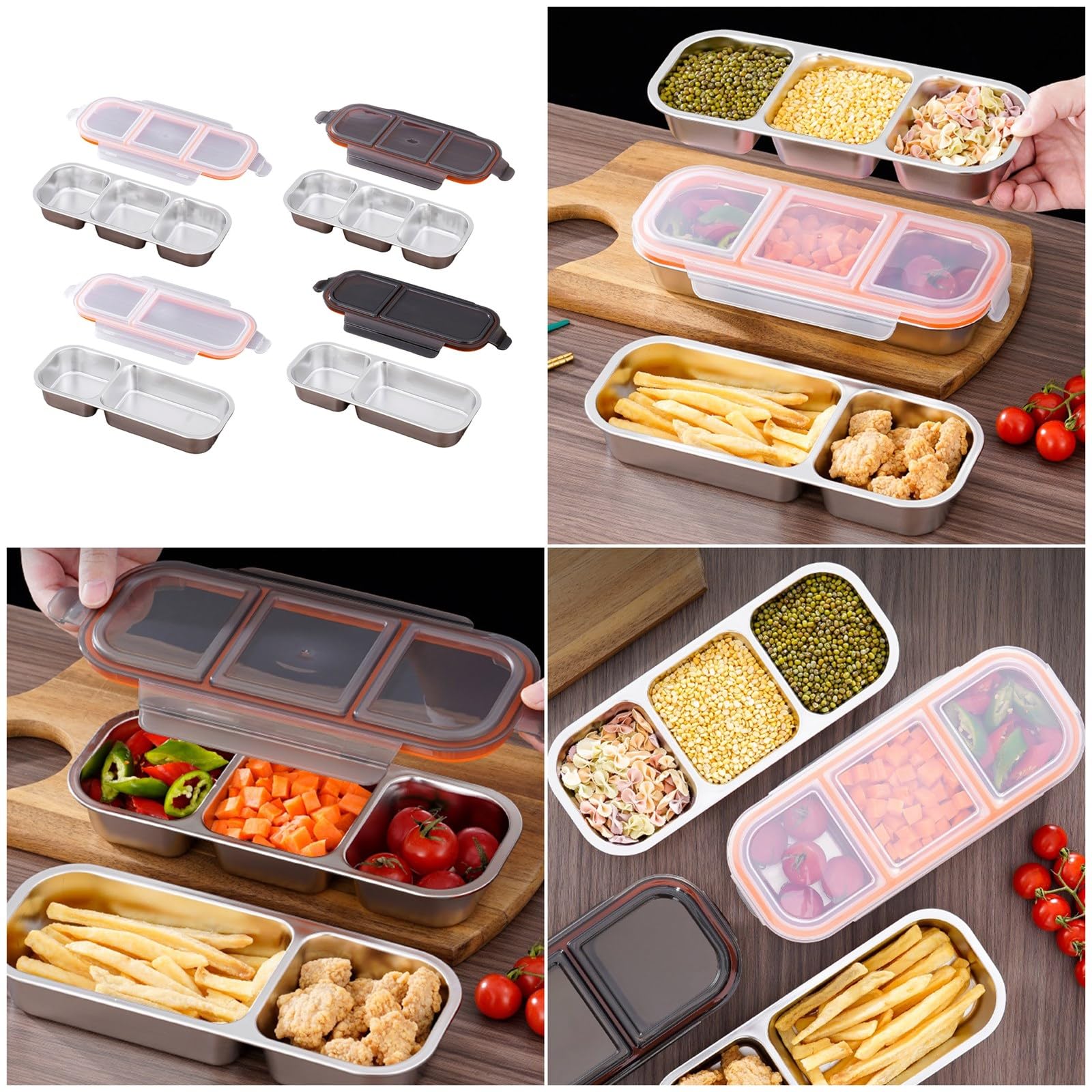 Boîte À Déjeuner Multi-Compartiments en Acier Inoxydable 2 Pièces avec Couvercle Étanche Plateau De Collations Passe Micro-Ondes Récipient Alimentaire Divisé Stainless Steel Meal Preps Box