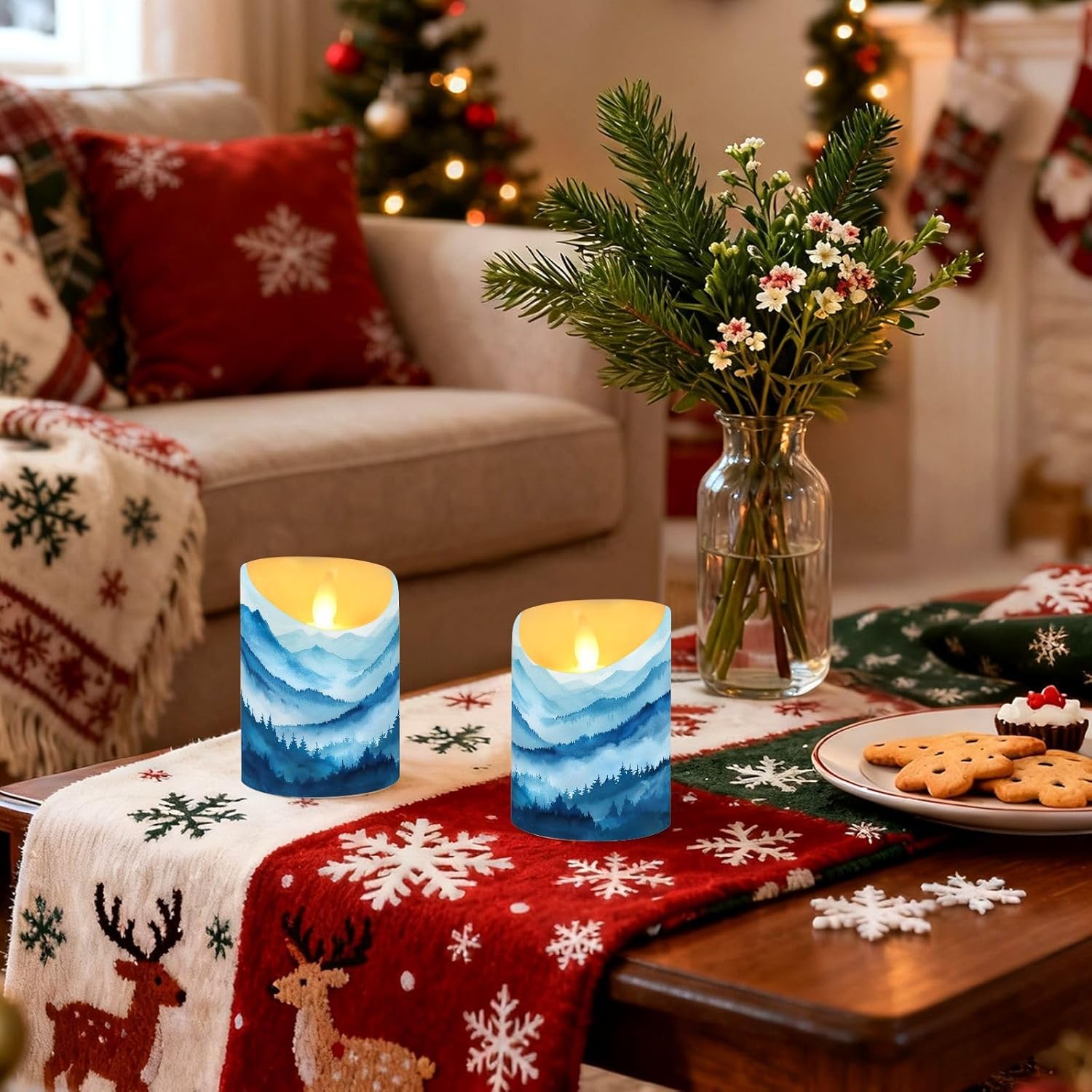 YETTASBIN Mountain Flameless Candles with Remote Timer Set of 2, Waterproof Adjustable Long Lasting Battery Operated LED Pillar Candles for Party Holiday Home Decor, 3.9 x 3 Inch