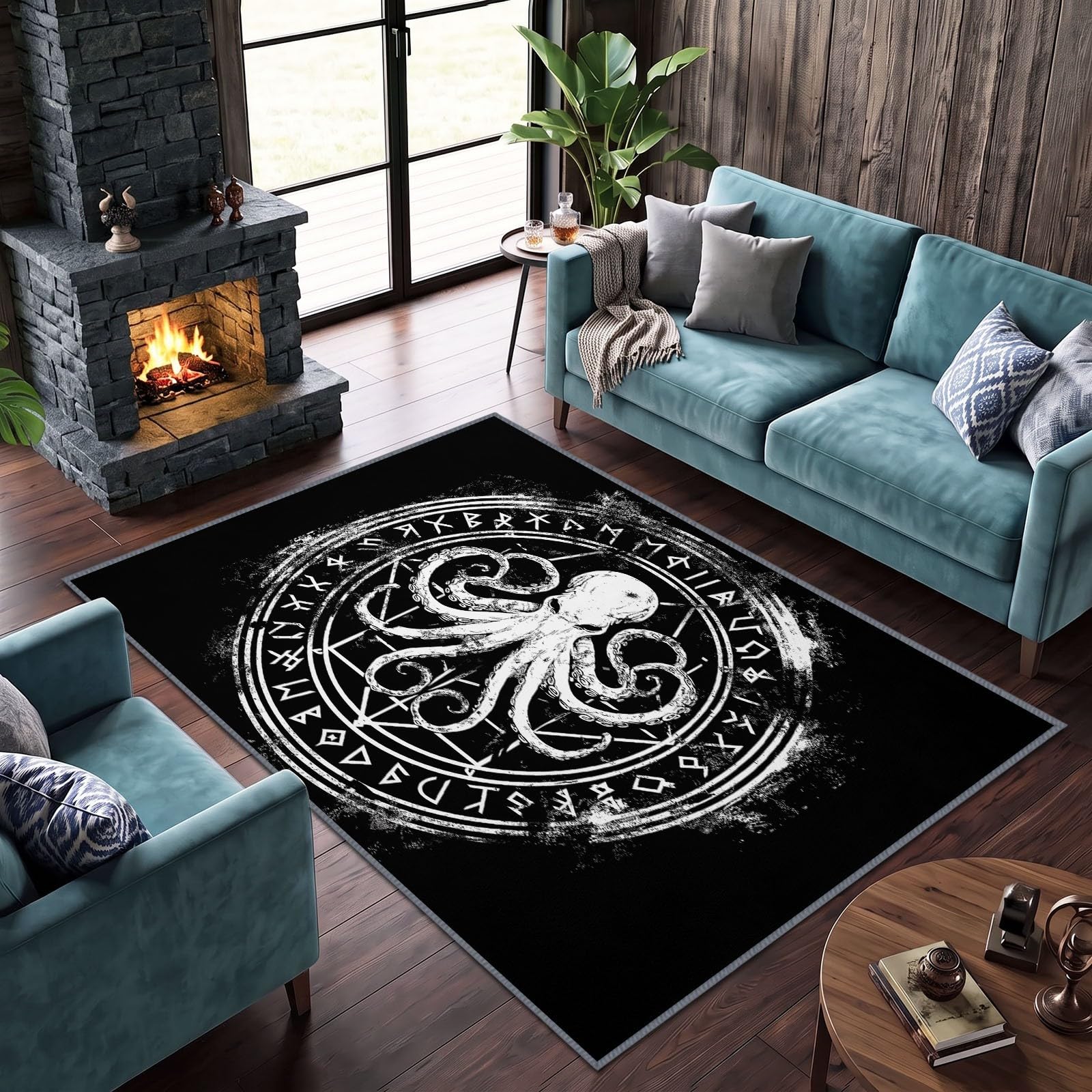 Tapis de Salon Gothique 140 x 200 cm, Pieuvre Étoile Six Branches Tapis Poils Courts Lavable Moderne, Décoratif Antidérapant et Doux pour Salon Chambre et Bureau