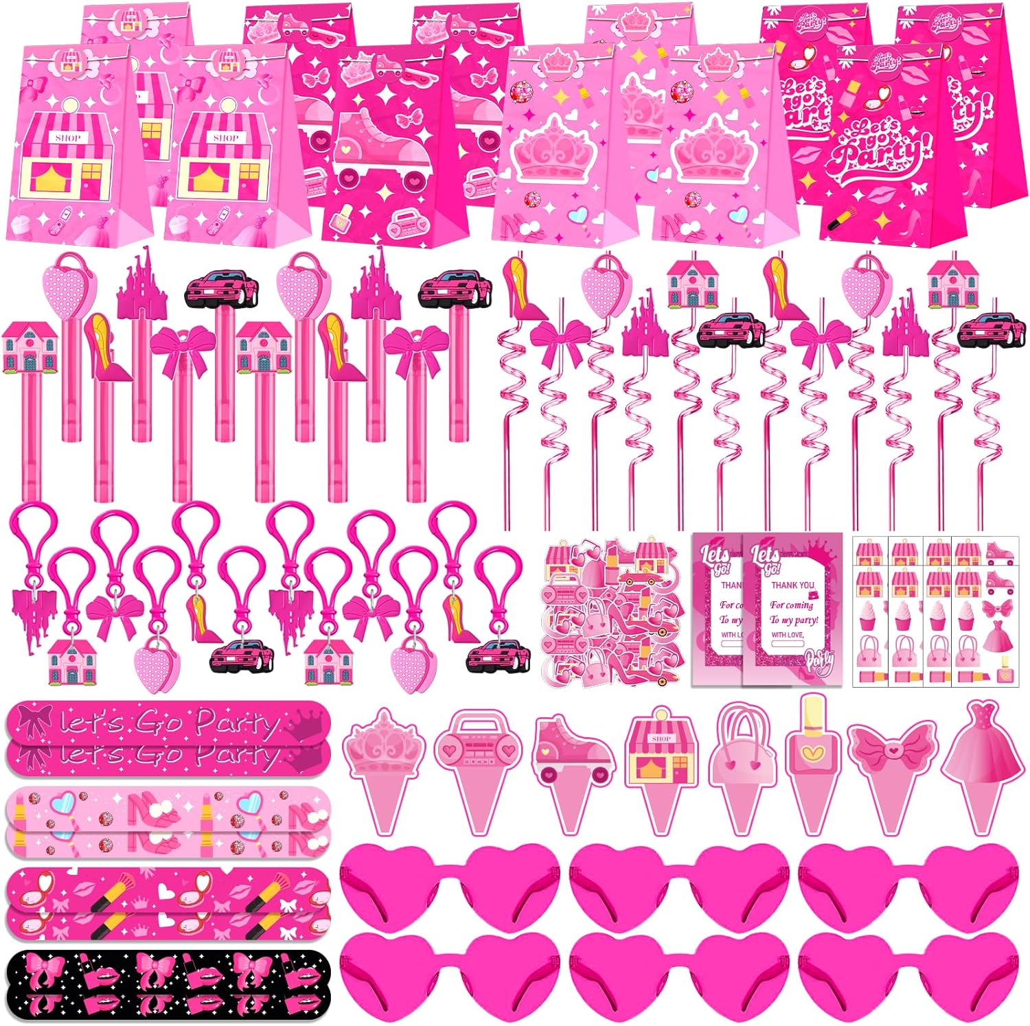 220PCS Pink Party Favors Kit for Girls – Birthday Supplies Includes Glasses, Straws, Bubble Wands, Treat Bags & More – Perfect for Party Decorations & Pinata Fillers