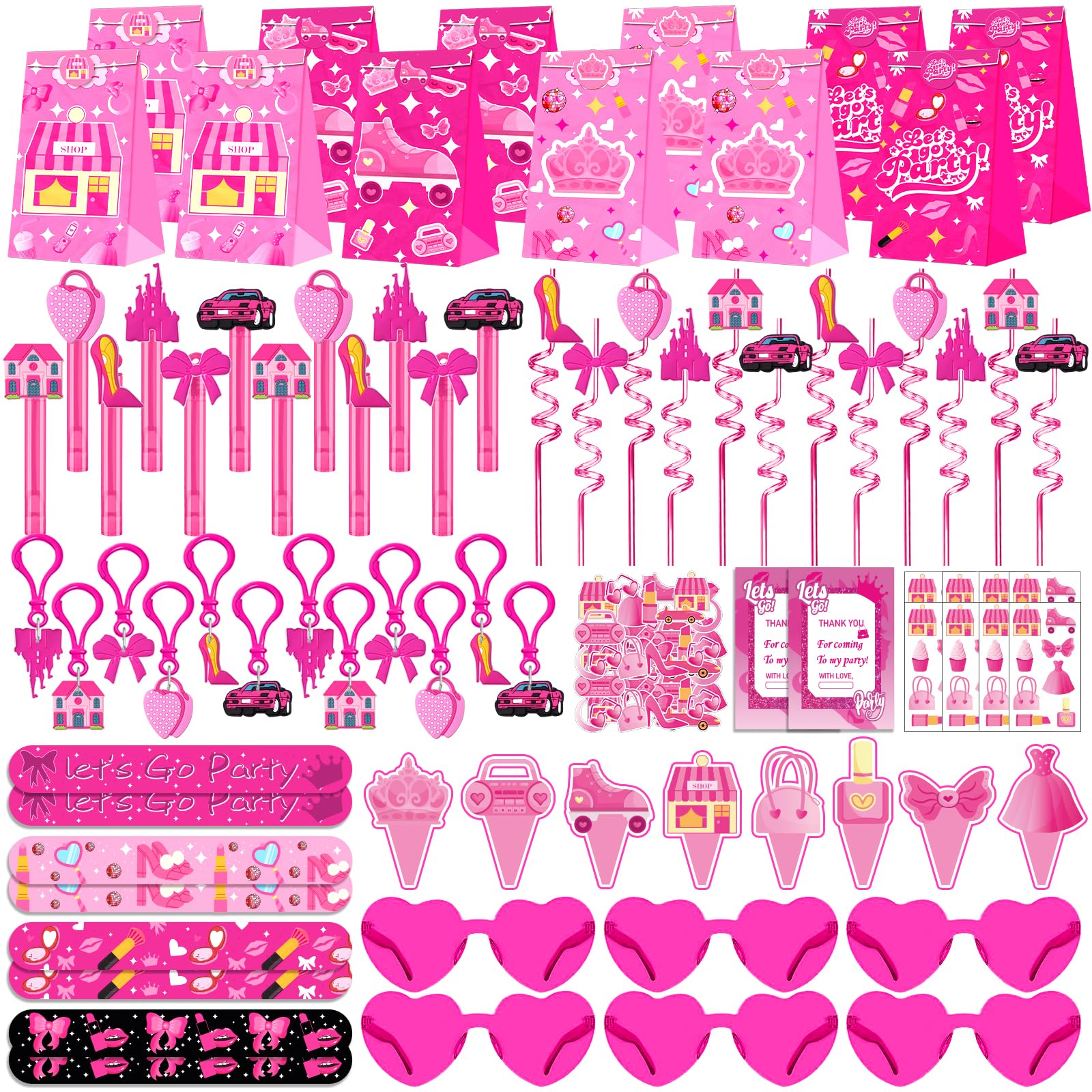 Fumogym 220PCS Pink Party Favors Kit for Girls – Birthday Supplies Includes Glasses, Straws, Bubble Wands, Treat Bags & More – Perfect for Party