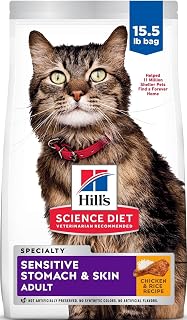 Hill's Science Diet Sensitive Stomach & Skin Dry Cat Food | #1 Veterinarian Recommended, Adult Formula, Chicken & Rice, 15.5 lb. Bag (Updated Formula)