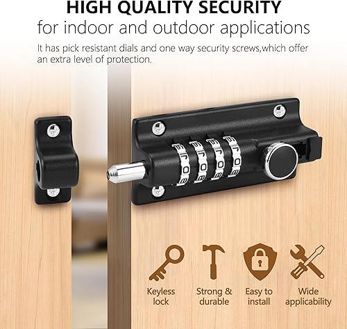 Miniatura 3 de Paquete de 2 cerraduras de combinación negra, resistente a la corrosión, combinación de 4 dígitos, cerradura de puerta corredera, reiniciable,