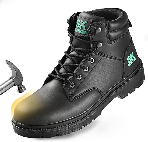SKPRO Steel Toe Work Boots for Men, Lightweight Non Slip Boots, Safety Toe Construction Leather Water-Resistant Shoes