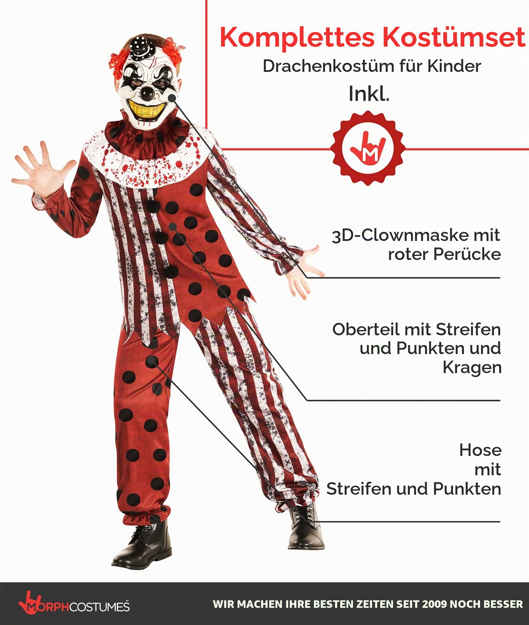 Morph Clown Kostüme für Kinder, Halloween Kostüm Kinder Clown, Horrorclownkostüm Kinder, Kinder Kostüm Clown, Clown Kostüm Jungen in 5 Größen (3-4 Jahre, S, M, L, XL)