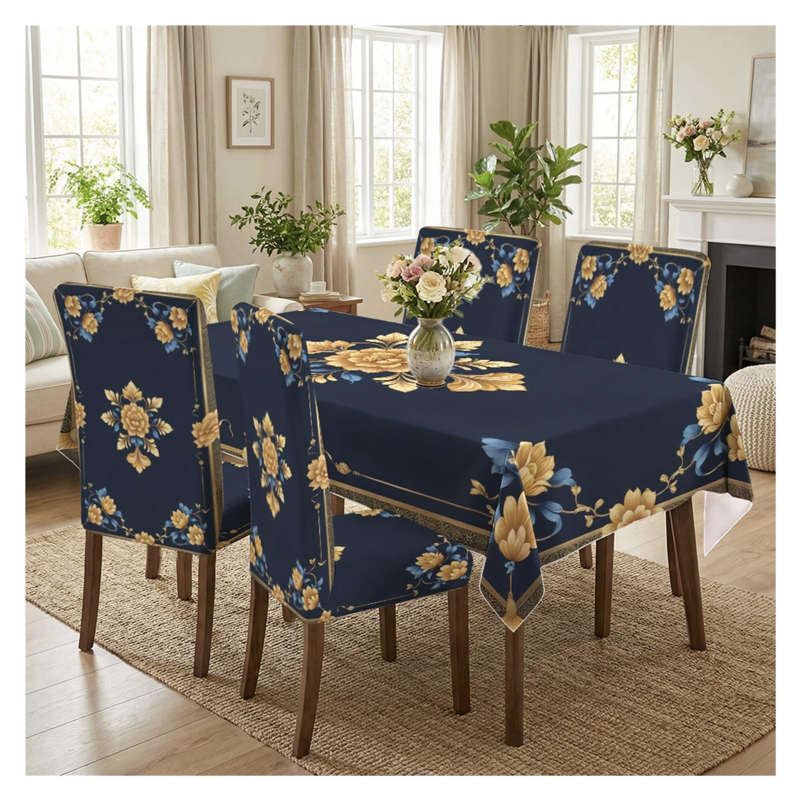 Housses de chaise et nappe chic en tissu extensible haut de gamme motif pivoine dorée