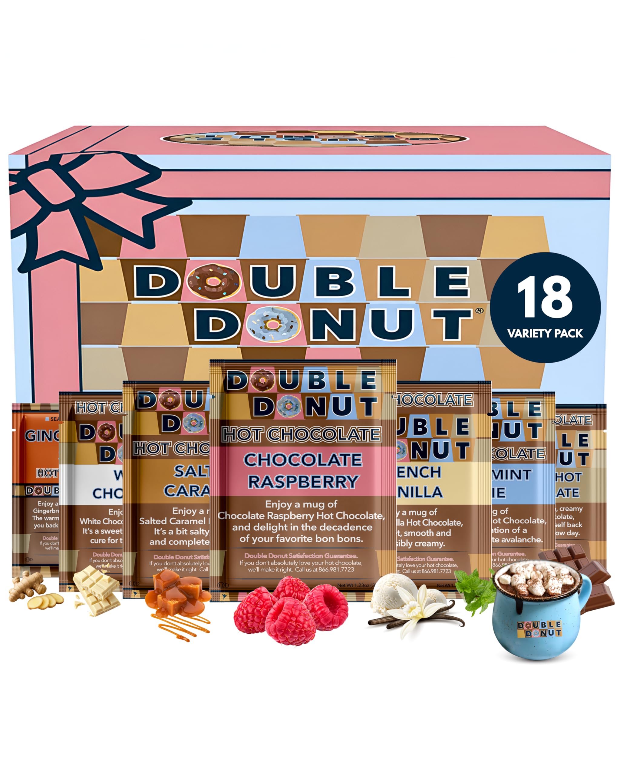 Double Donut Coffee Flavored Hot Chocolate Packets Variety Pack,18 Count Includes Classic, Chocolate Raspberry, Salted Caramel & Peppermint