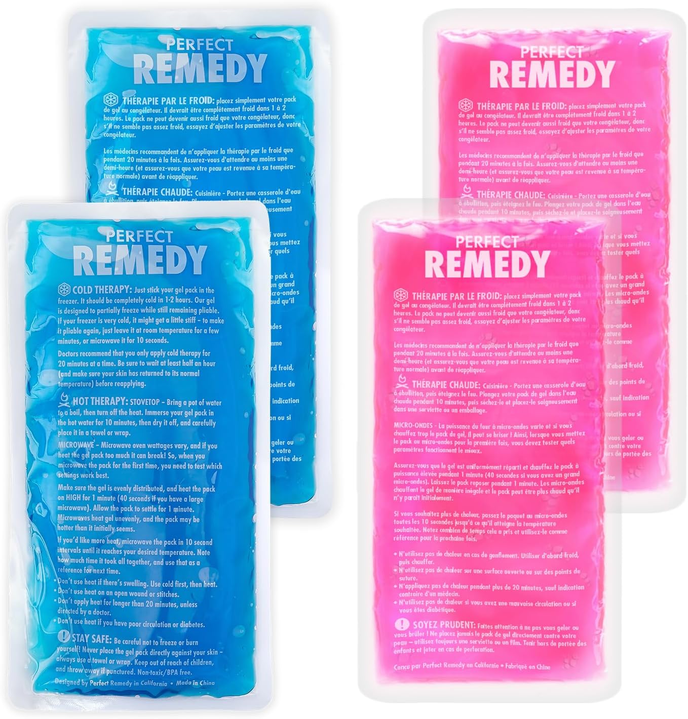 - Perfect Remedy Rectangle Gel Ice Pack Bundle, Hot & Cold Ice Packs for Injuries Reusable for Body Tension & Muscle Pain Relief, Soft, Flexible & Adapts to Any Area (Blue, Large 2PK + Pink, Large 2PK)