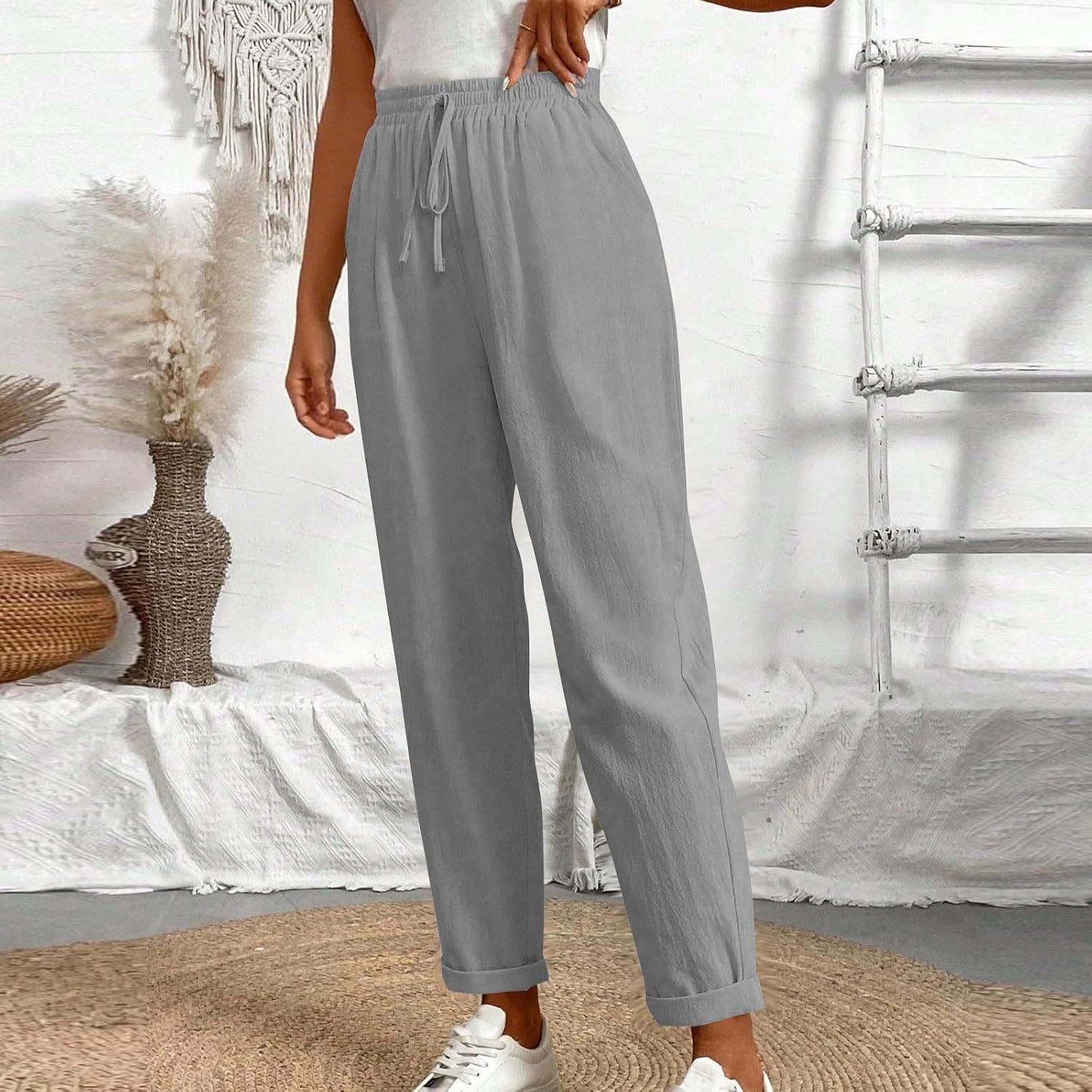 Cotton Linen Pants for Women Casual Lightweight Drawstring Waist Summer Holiday Vacation Beach Pants with Pockets