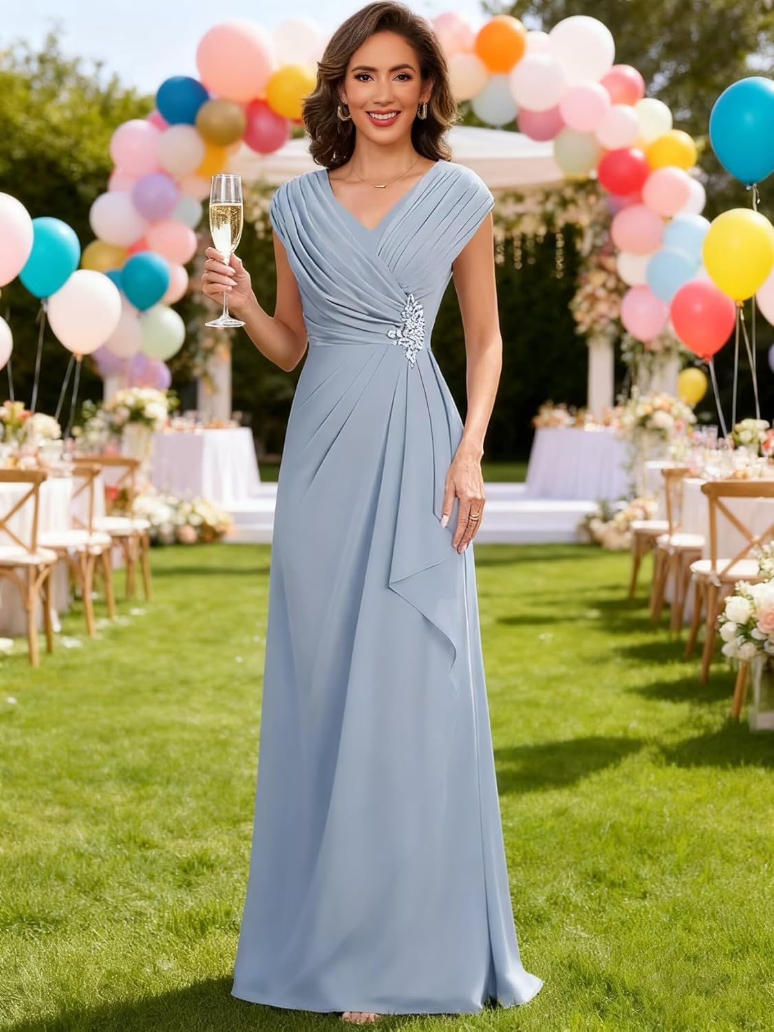 FUMY Cap Sleeves V Neck Mother of The Bride Dresses for Women Pleated Chiffon Wedding Guest Dress FM008 - Image 5