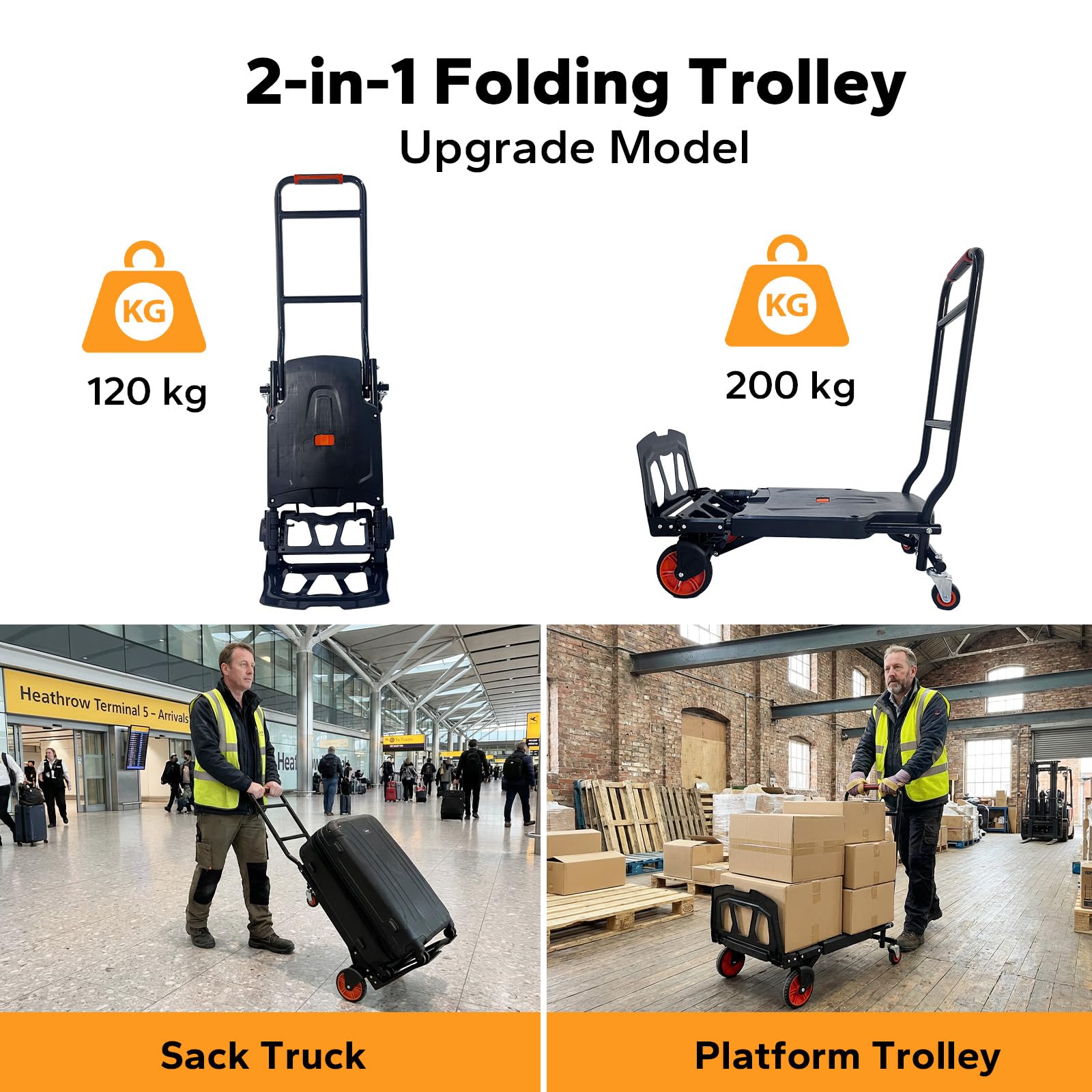 2-in-1 Sackkarre Klappbar 200 kg Tragkraft, Ohne Montage, Kombiniert Plattformwagen und Sackkarre – Ideal für Umzug & Garten, Orange