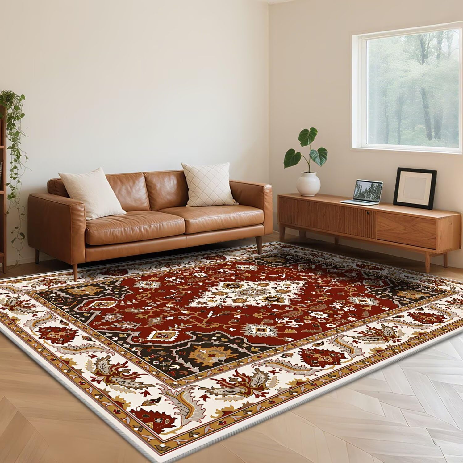 Tapis lavable à poils courts grand format 180x280cm ethnique rouge