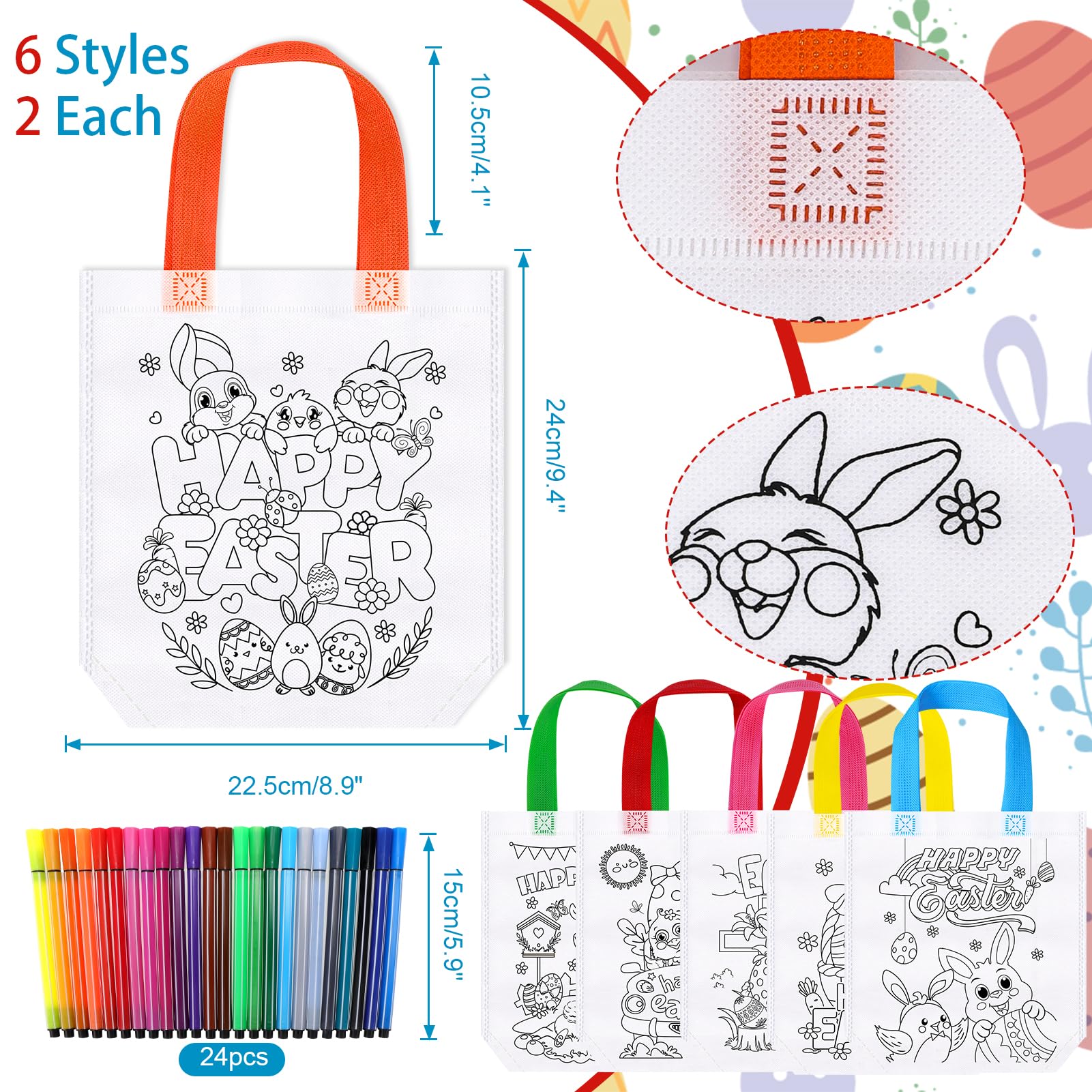 HOWAF 12PCS Colour Your Own Bag Easter Bags & Coloring Pens - Image 3