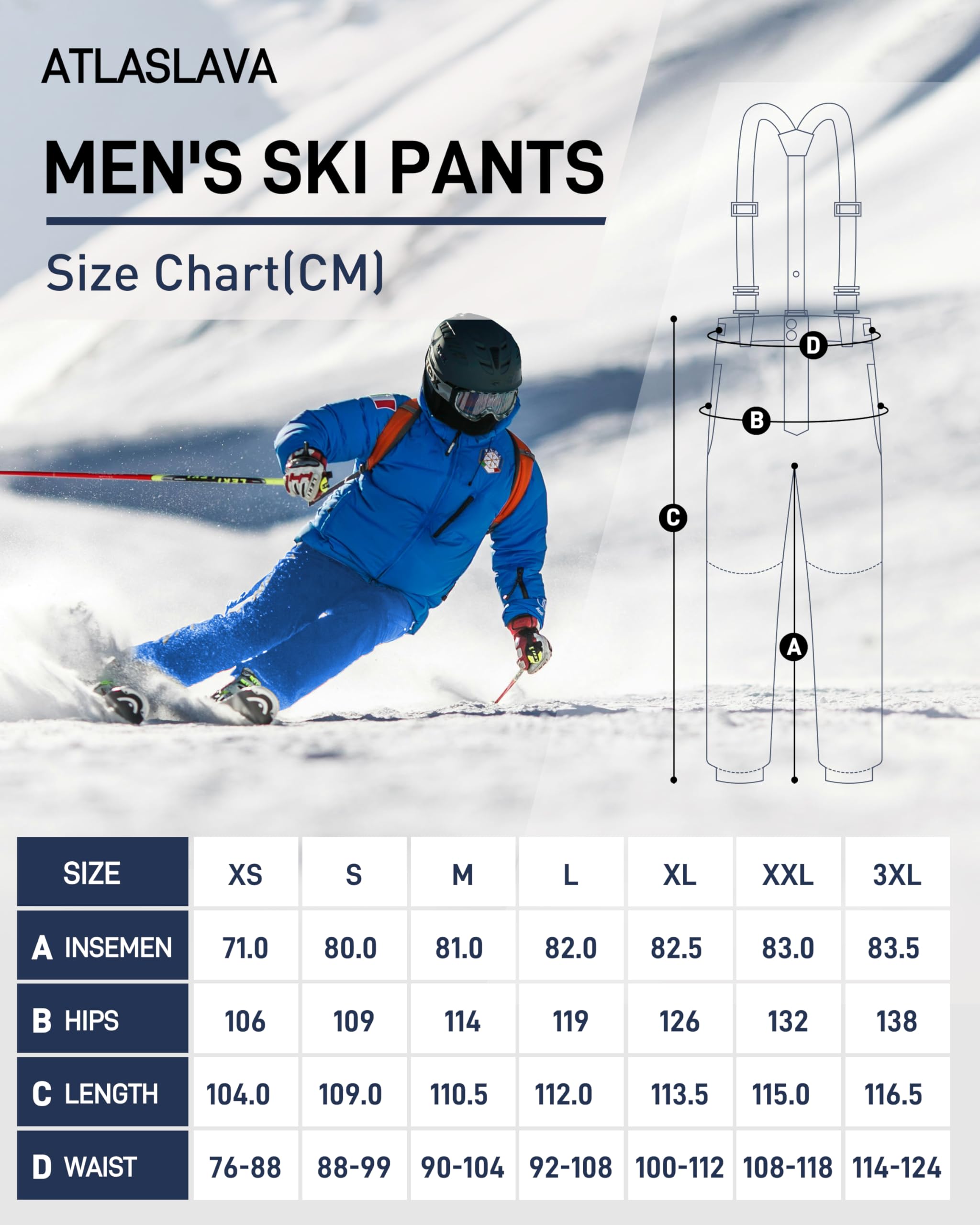 ATLASLAVA Pantalon de ski d'hiver pour homme avec bretelles, imperméable, chaud, coupe-vent, indéchirable, respirant