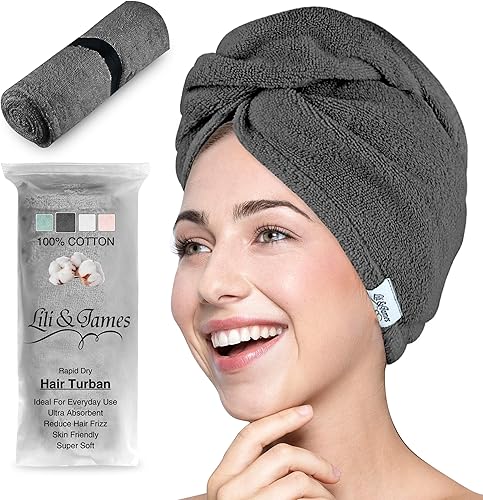 Lili&James Toalla de algodón para el cabello para mujeresniños, secado rápido, suaves y absorbentes, toallas envolventes con doble botón (paquete de