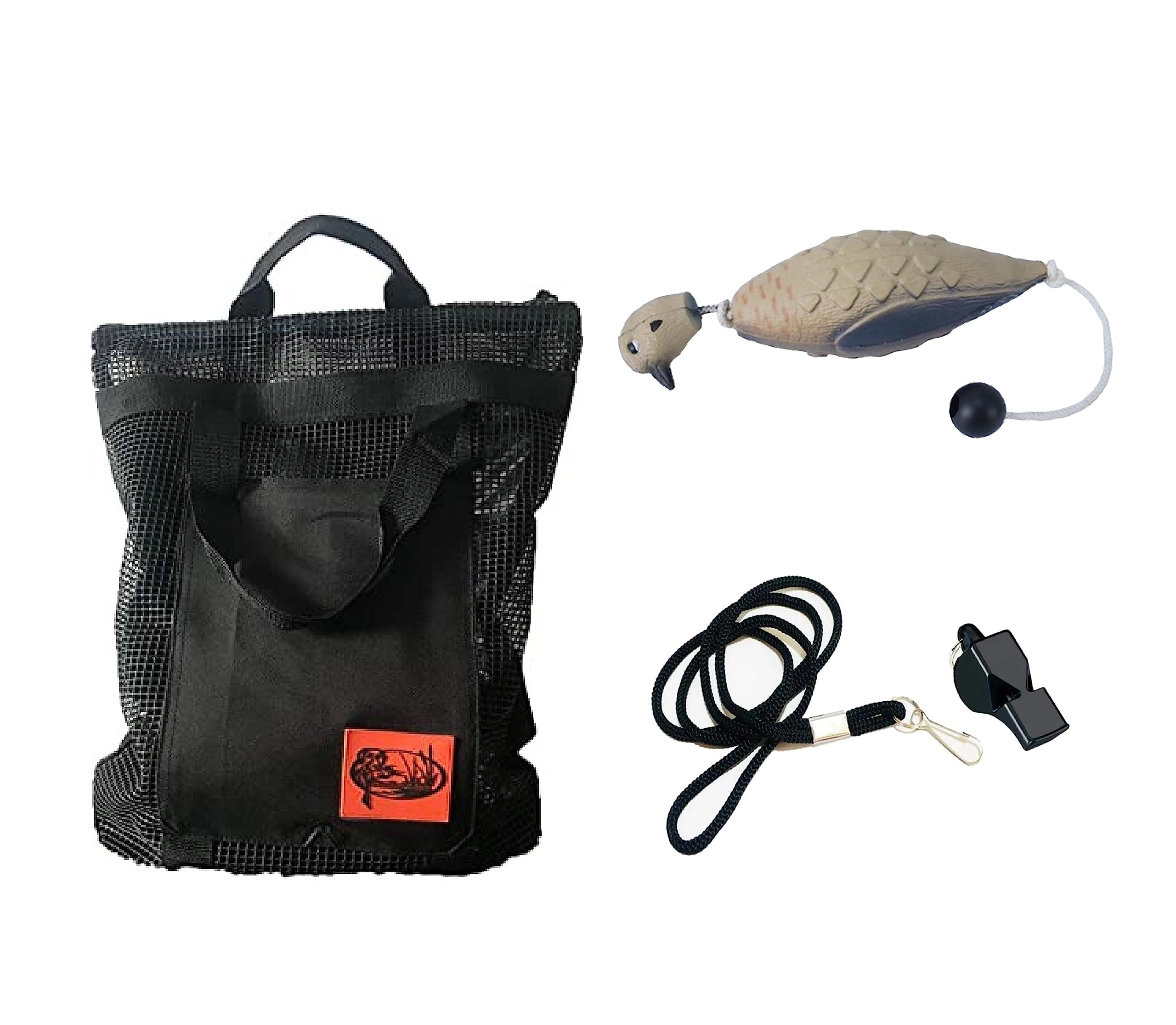 HuntEmUp Dog Training Kit - Mourning Dove Training Dummy, Mesh Carrying Bag, and Whistle & Lanyard Combo