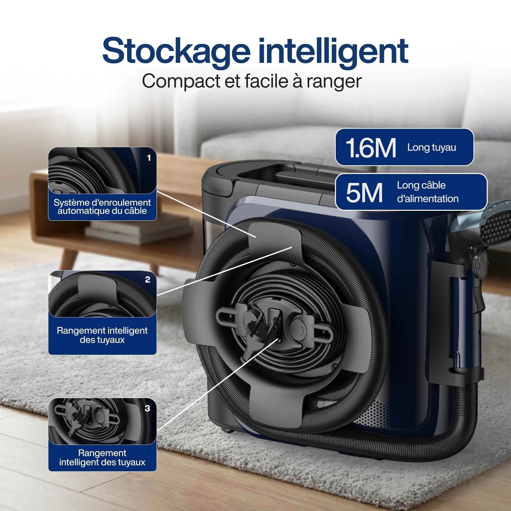 Samako PowerClean Pro Nettoyeur à vapeur pour tapis et tapis, filtre HEPA, grands réservoirs d'eau, 8 embouts, nettoyant pour coussins et canapés, bleu