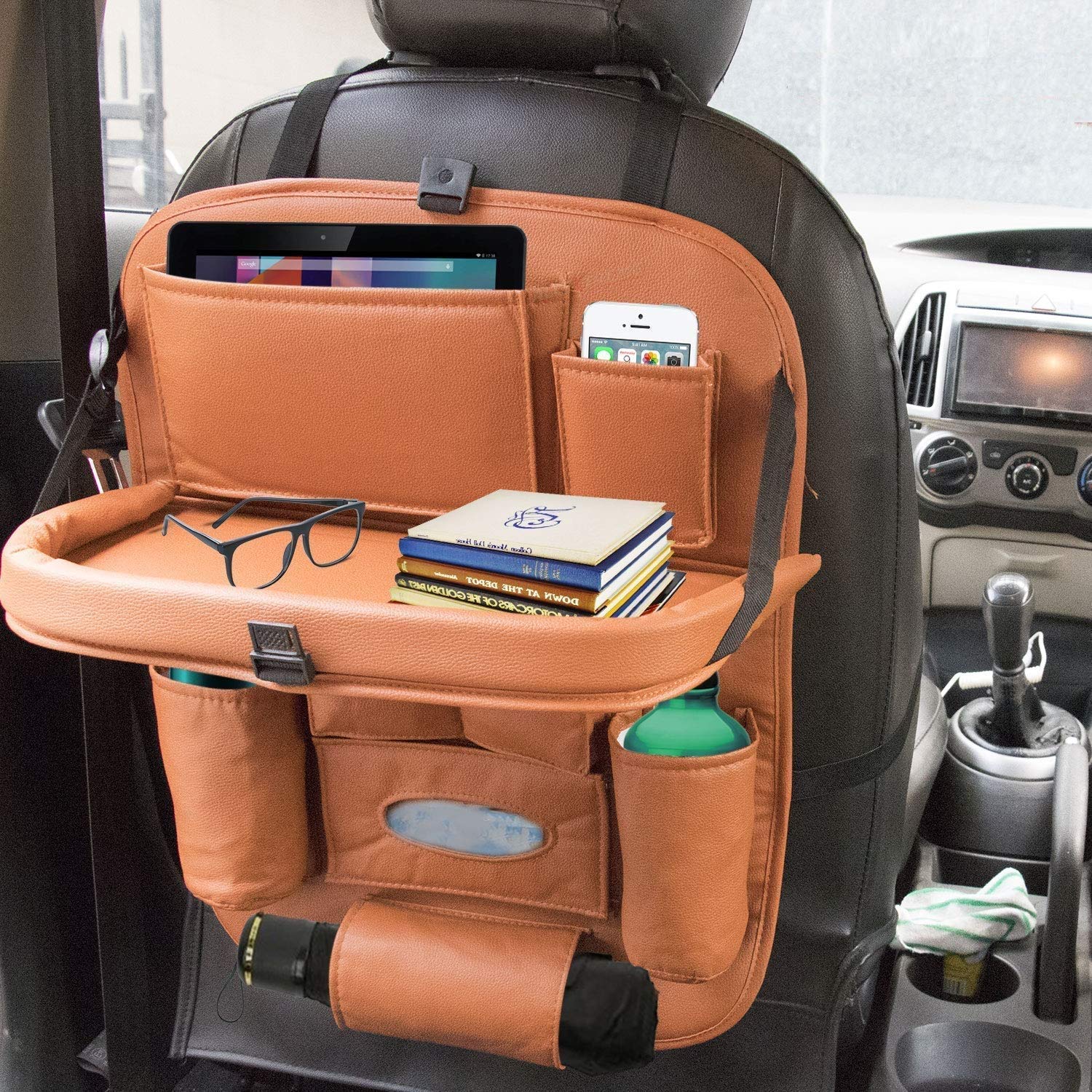 Heavy Leather Car Back seat Organizer with Foldable Dining Table Tray Waterproof Storage Pockets (Tan) for Mahindra Quanto-image-23
