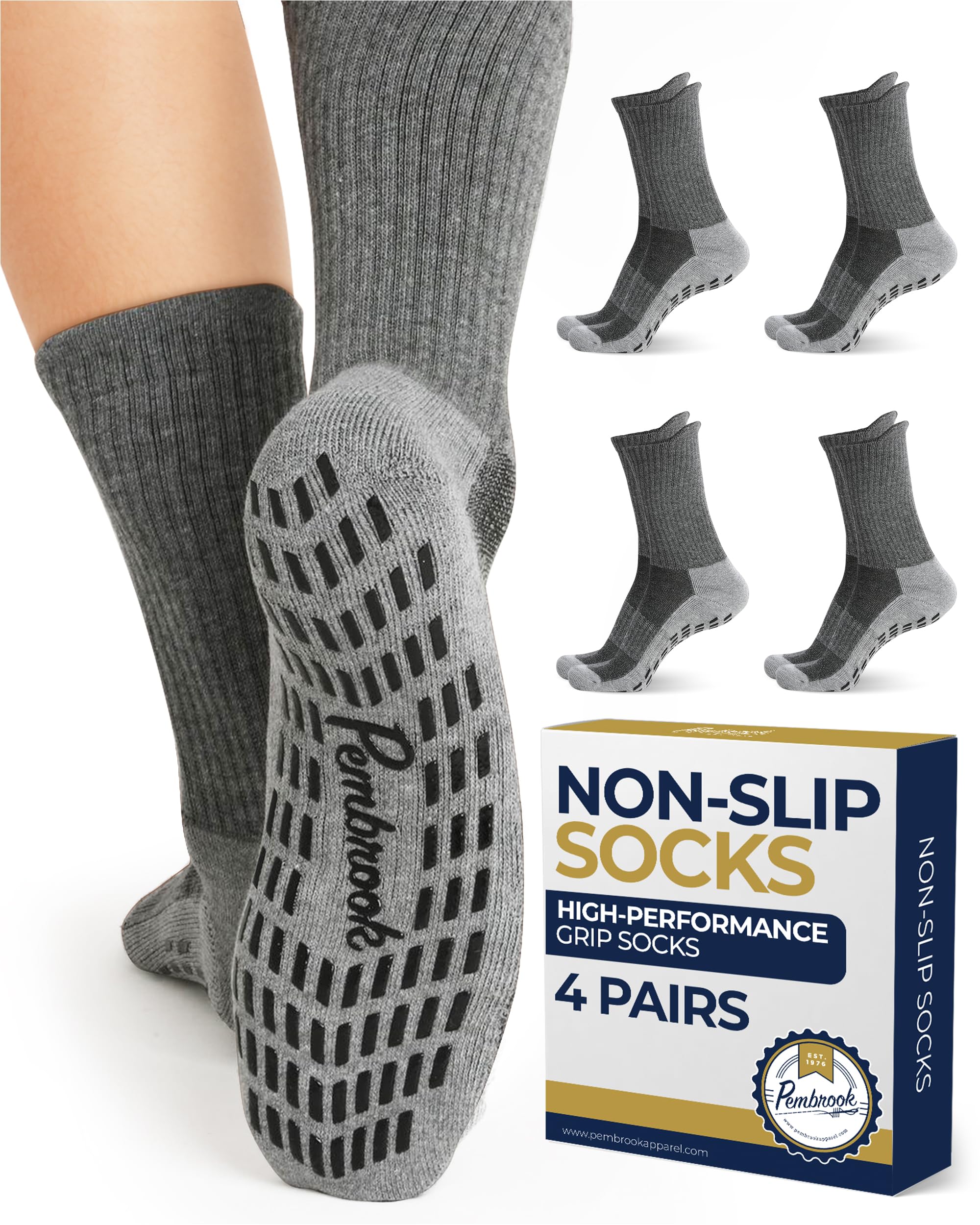 Pembrook 4 Pairs Crew Non Slip Socks - Gripper Socks for Men Women Husband Dad | Grippy Socks for Hospital Yoga Pilates Barre, Gray, Large