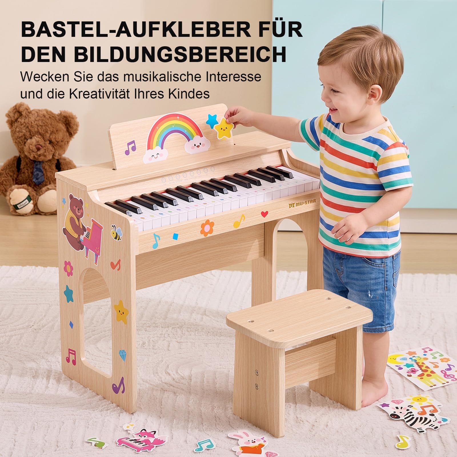 MUSTAR Piano pour Enfants, Piano numérique à 37 Touches pour Enfants, avec Banc de Piano, recueil de chansons, Autocollants et Housse de Protection, Filles et garçons, Chêne