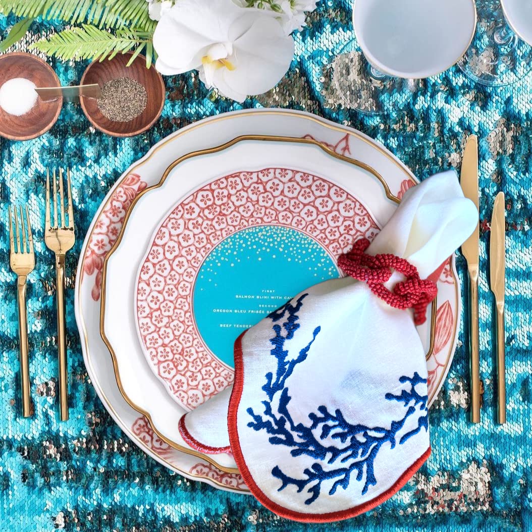 Decorable Lot De 4 Serviettes De Table En Lin Brodé 40x40 Cm - Bordures Festonnées, Motif Corail Bleu - Fait Main Roumanie