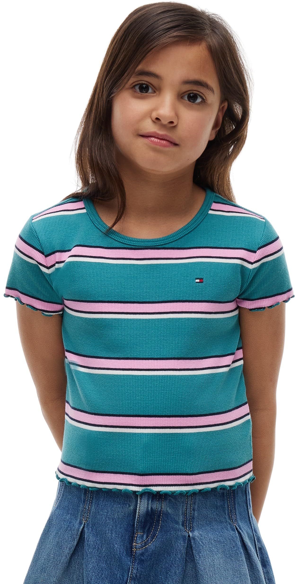Tommy Hilfiger Girls Essential Rib Top Ss - Teal Stripe Ct3 - 14Y