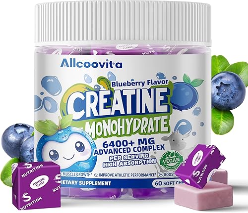 Miniatura 1 de Complejo masticable de monohidrato de creatina, 6400 mg para hombres y mujeres, fórmula avanzada con L-taurina + vitamina B12, suplemento masticable