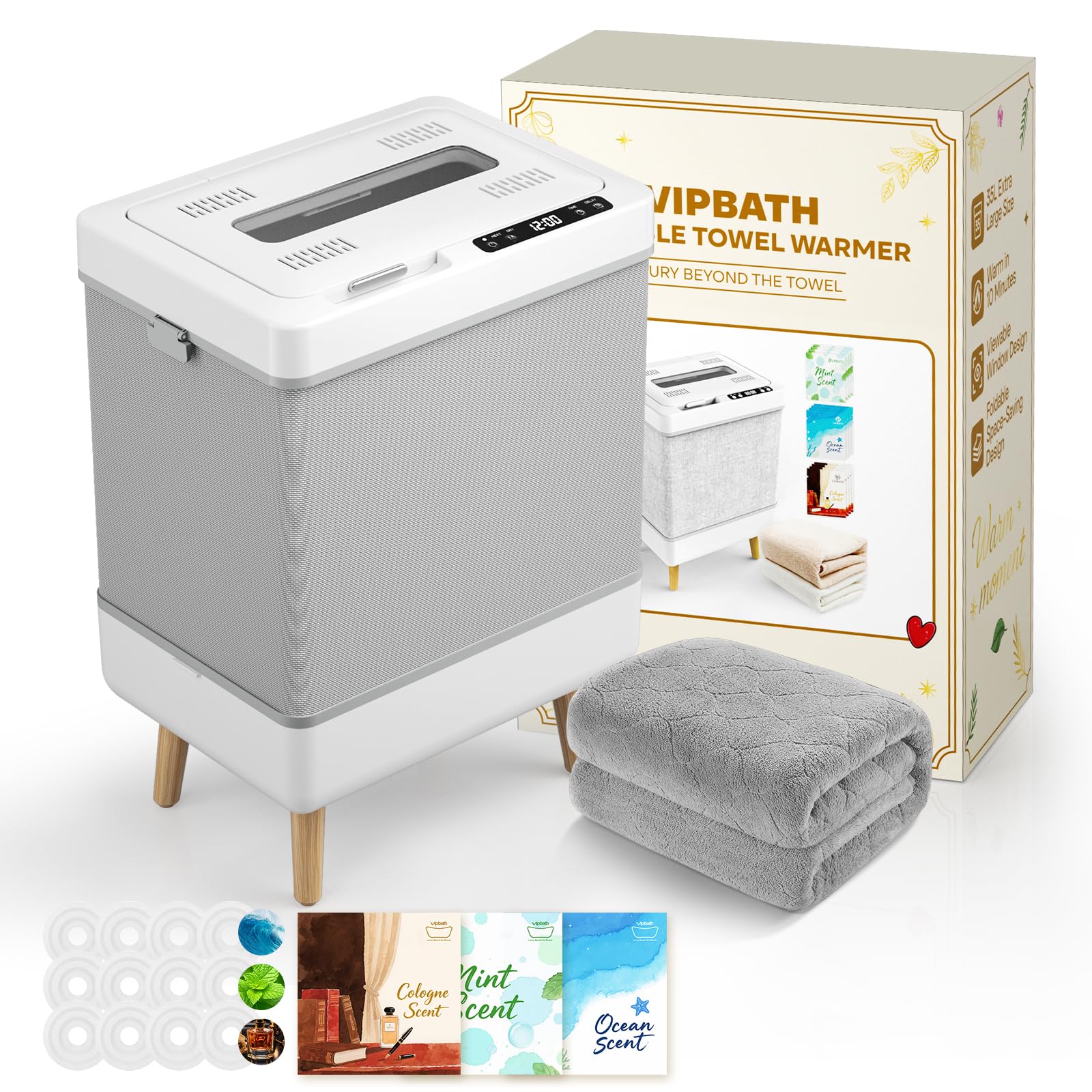 VIPBATH 35L Towel Warmer Gift Set Family-Sized Foldable Design with Window, Dual Safety Shut-Off for Overheat & Tip-Over, 12 Aroma Discs A Spa-Like Luxury for Home & Loved Ones