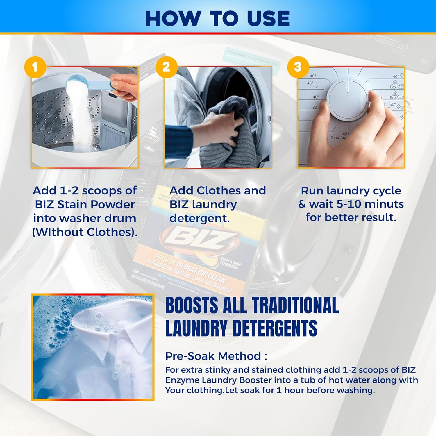 Biz Laundry Detergent Powder, Stain and Odor Eliminator for Tough Stains Like Grass Sweat and Chocolate, Powder Laundry Detergent with 4 Stain Fighters, Color Safe, HE Safe, Unscented, 37.5 Ounce - Image 6