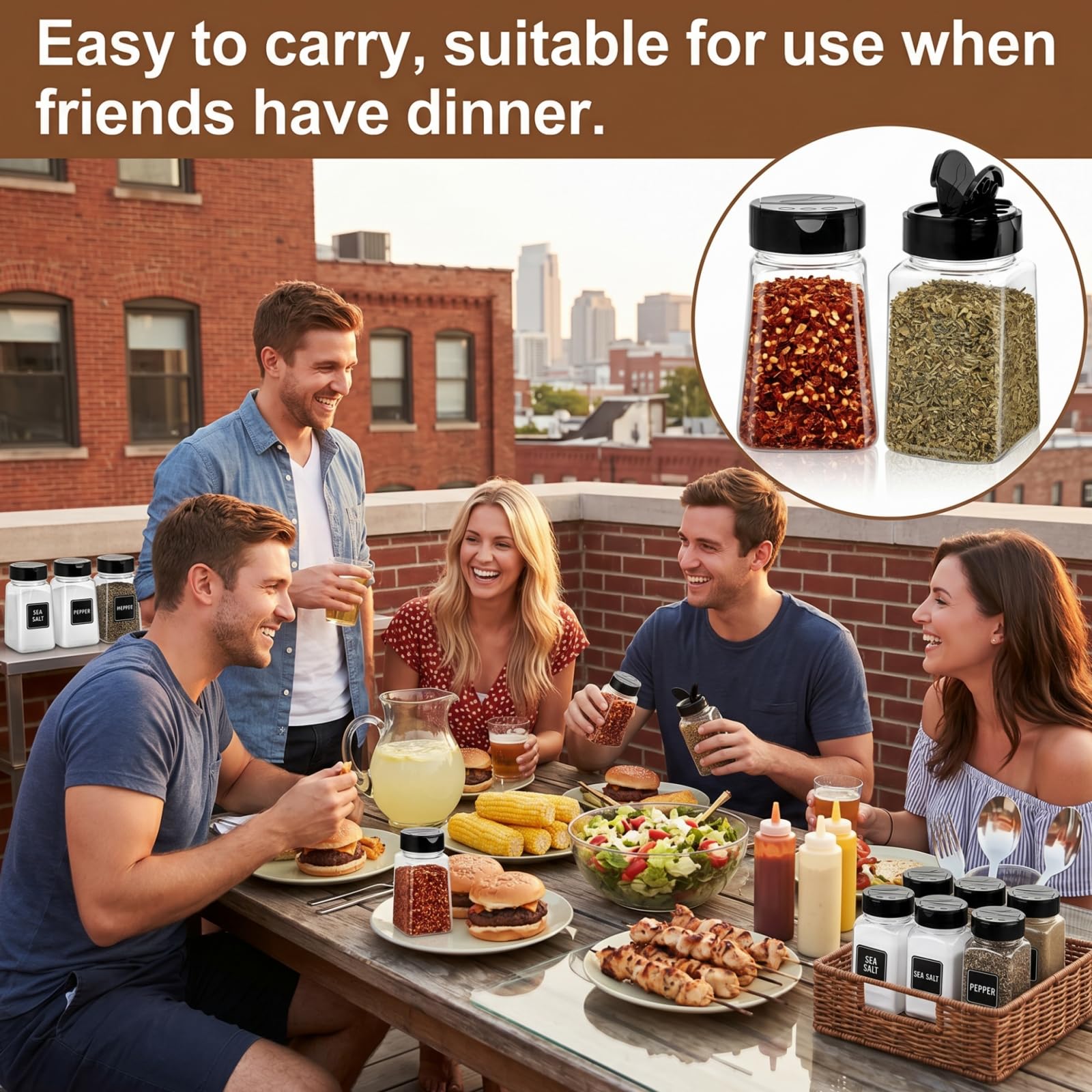 Tebery Lot de 24 pots à épices en plastique transparent avec couvercle à rabat noir, 255 ml - Pour verser ou tamiser les épices, les herbes et les poudres
